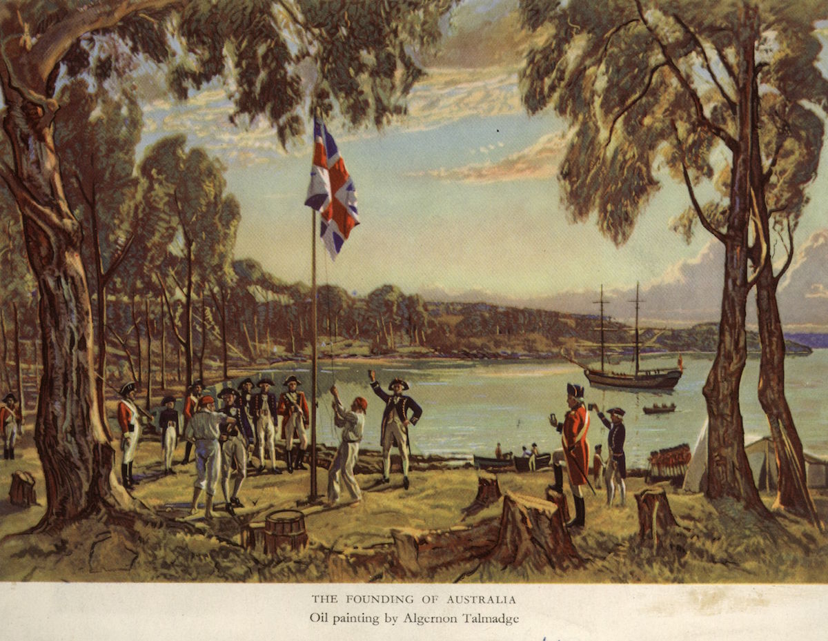 Captain Arthur Phillip (1738 - 1814) of the Royal Navy raises the flag to declare British possession of New South Wales at Sydney Cove, Australia, Jan. 26, 1788. (Hulton Archive / Getty Images)