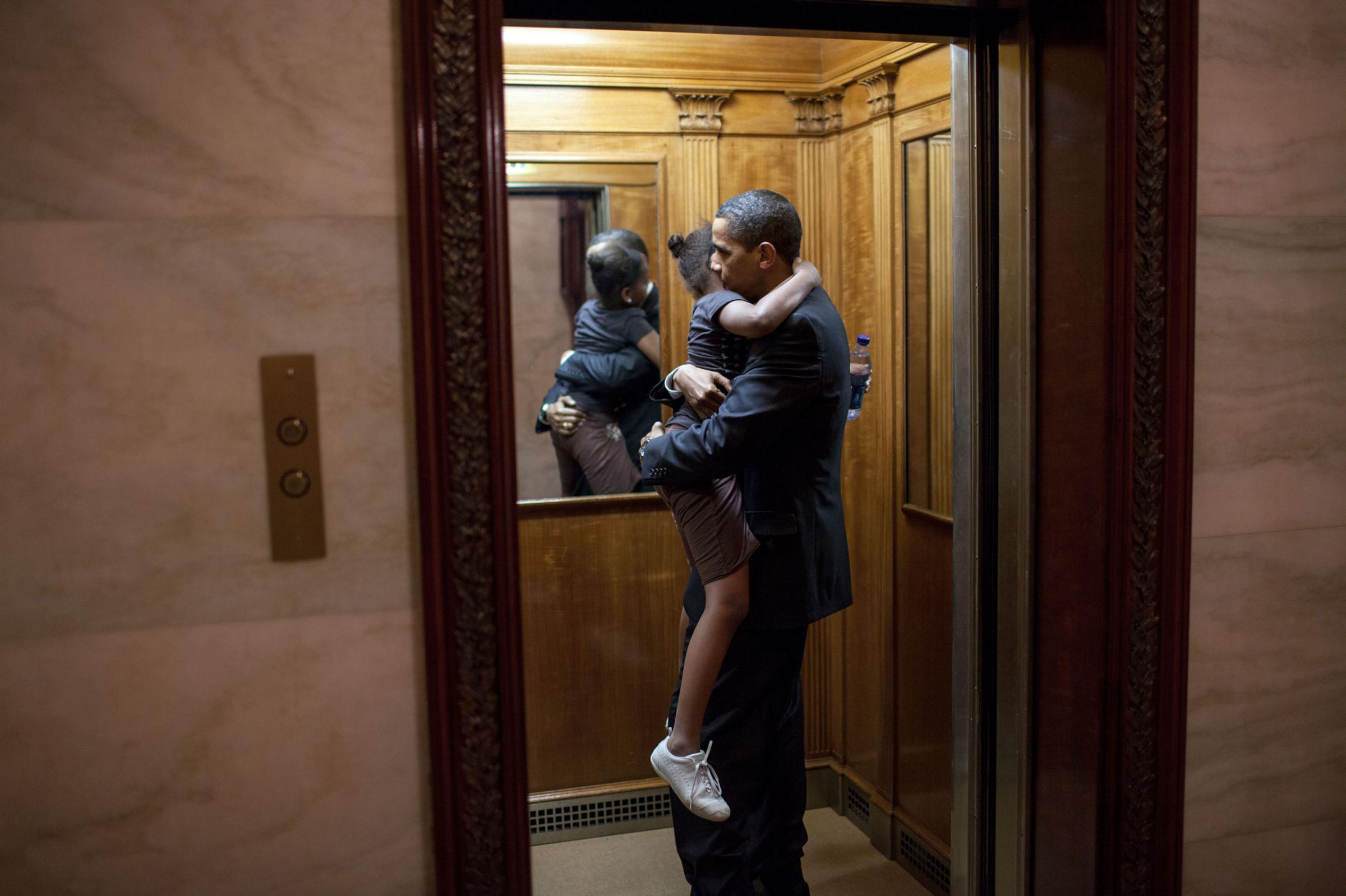 “The President was leaving the State Floor after an event and found Sasha in the elevator ready to head upstairs to the private residence. He decided to ride upstairs with her before returning to the Oval Office.” May 19, 2009