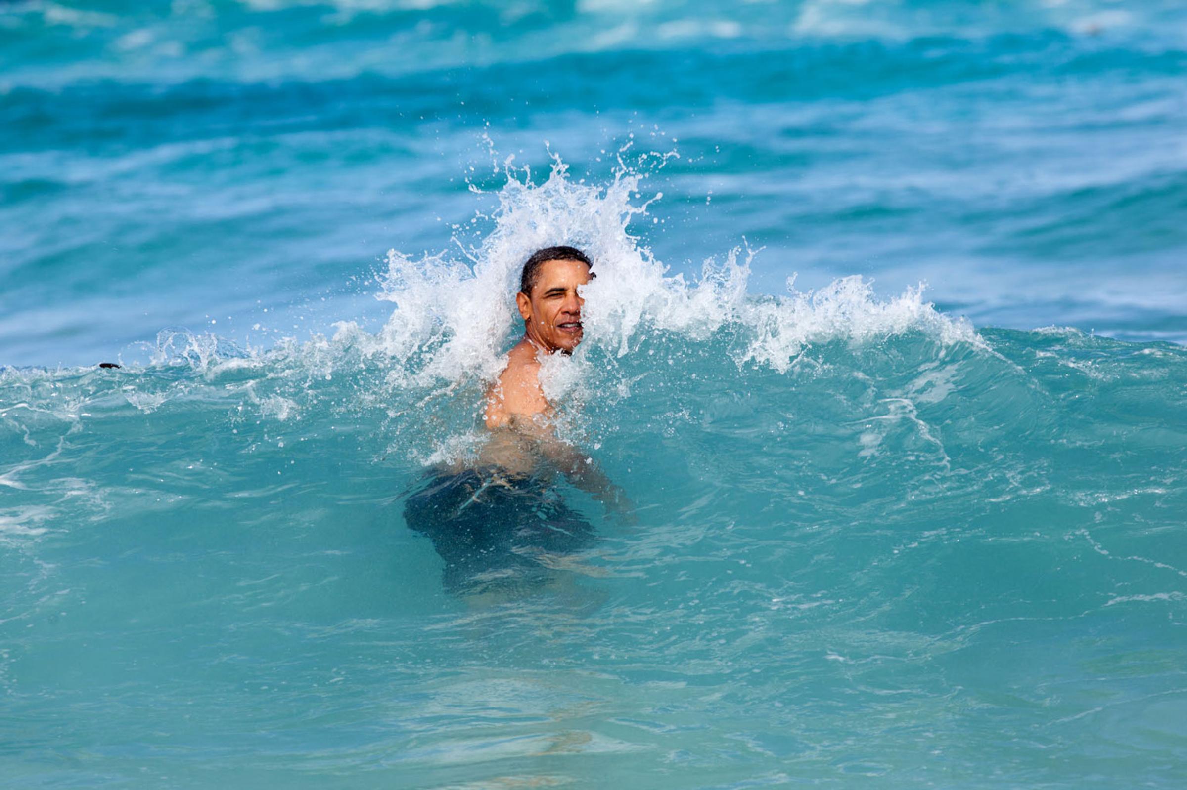"A nice way to celebrate the New Year for the President was to jump in the ocean in his native state of Hawaii. He was on his annual Christmas vacation with family and friends, and went swimming at Pyramid Rock Beach in Kaneohe Bay,"Jan. 1, 2012.