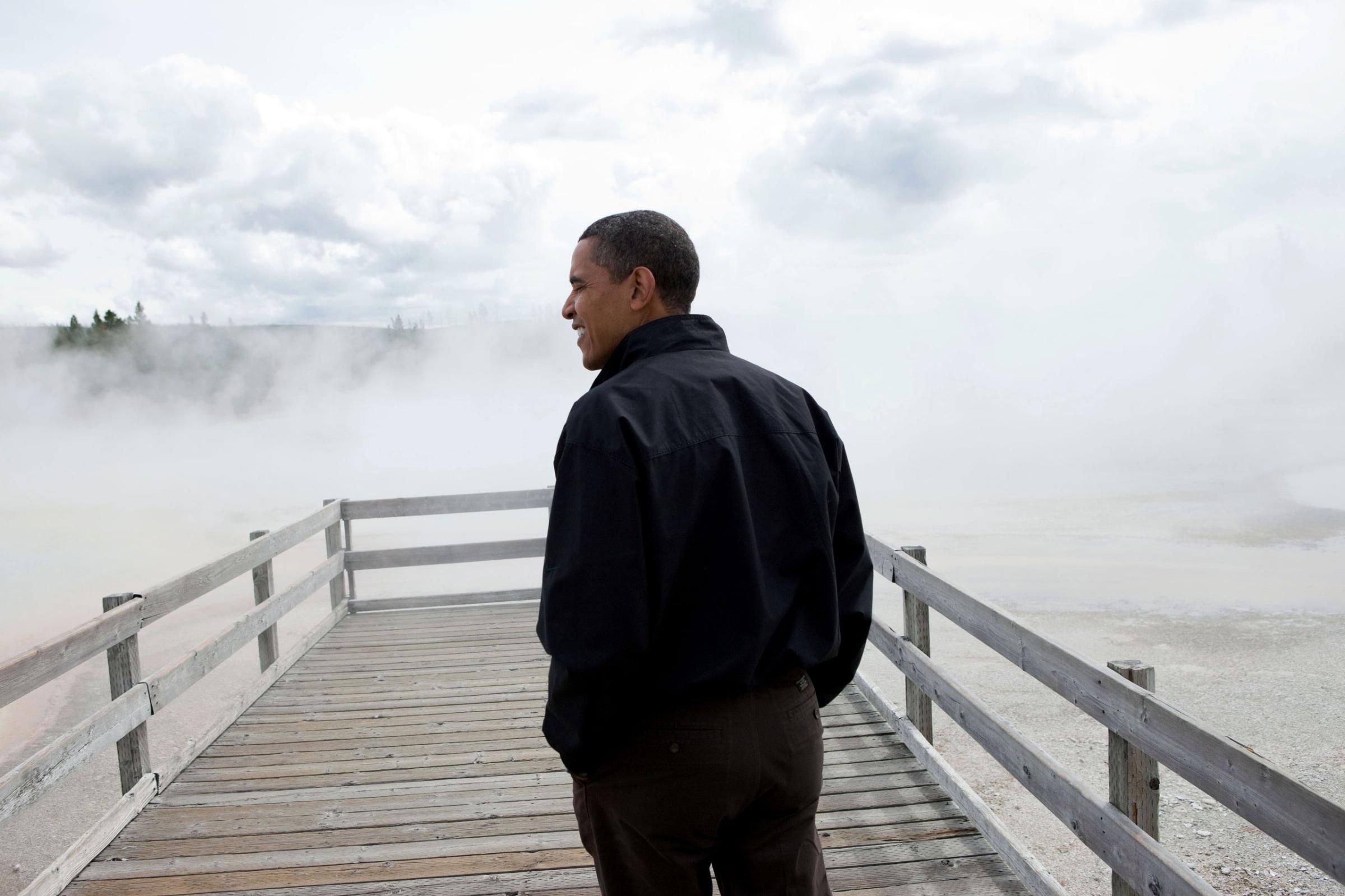 President Barack Obama visits Sunset Lake in Yellowstone National Park, August 15, 2009. (
