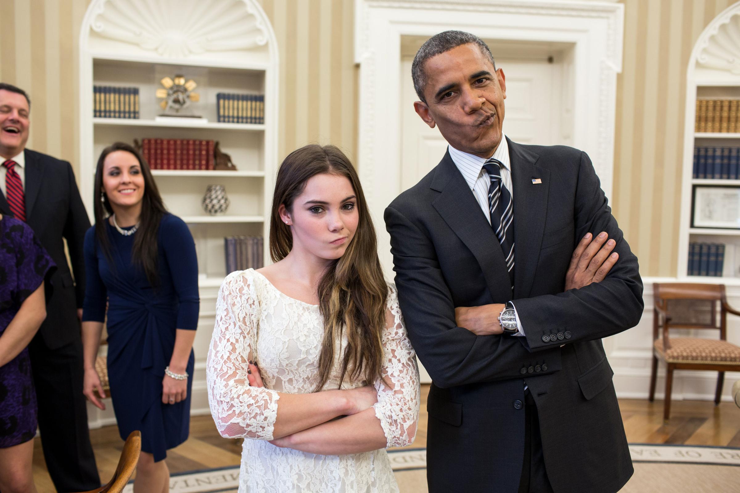 "The President had just met with the U.S. Olympics gymnastics team, who because of a previous commitment had missed the ceremony earlier in the year with the entire U.S. Olympic team. The President suggested to McKayla Maroney that they recreate her 'not impressed' photograph before they departed,"Nov. 15, 2012.