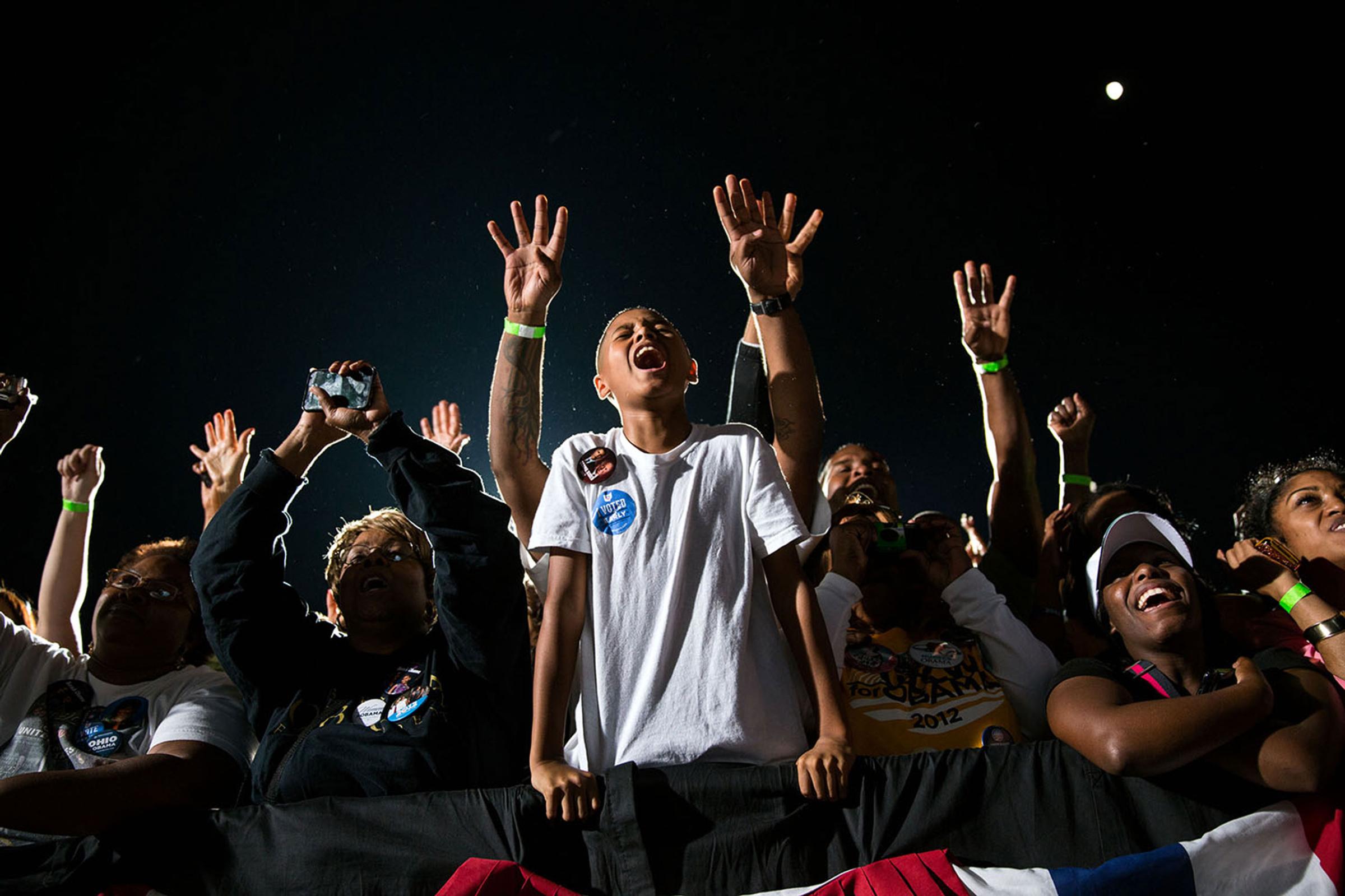 "At a late night rally in Cleveland, supporters react as the President delivered his remarks," Oct. 25,
