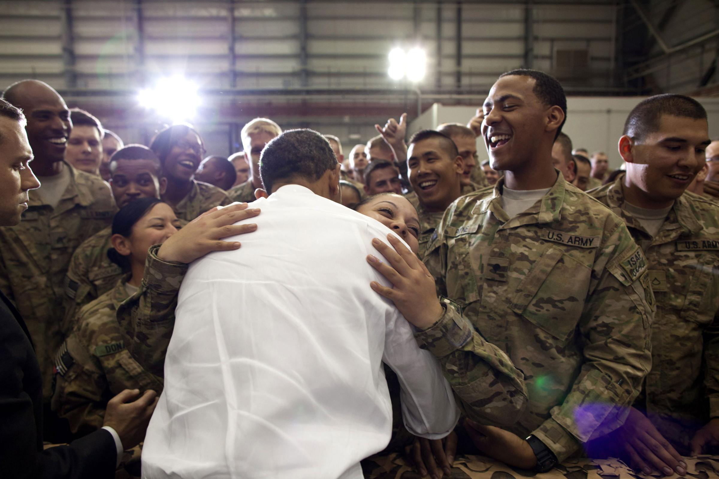Pete Souza—The White House President Obama greets U.S. troops following his remarks during an unannounced trip to Bagram Air Field, Afghanistan, May 1, 2012. The President made three trips around the ropeline to try and shake every hand.