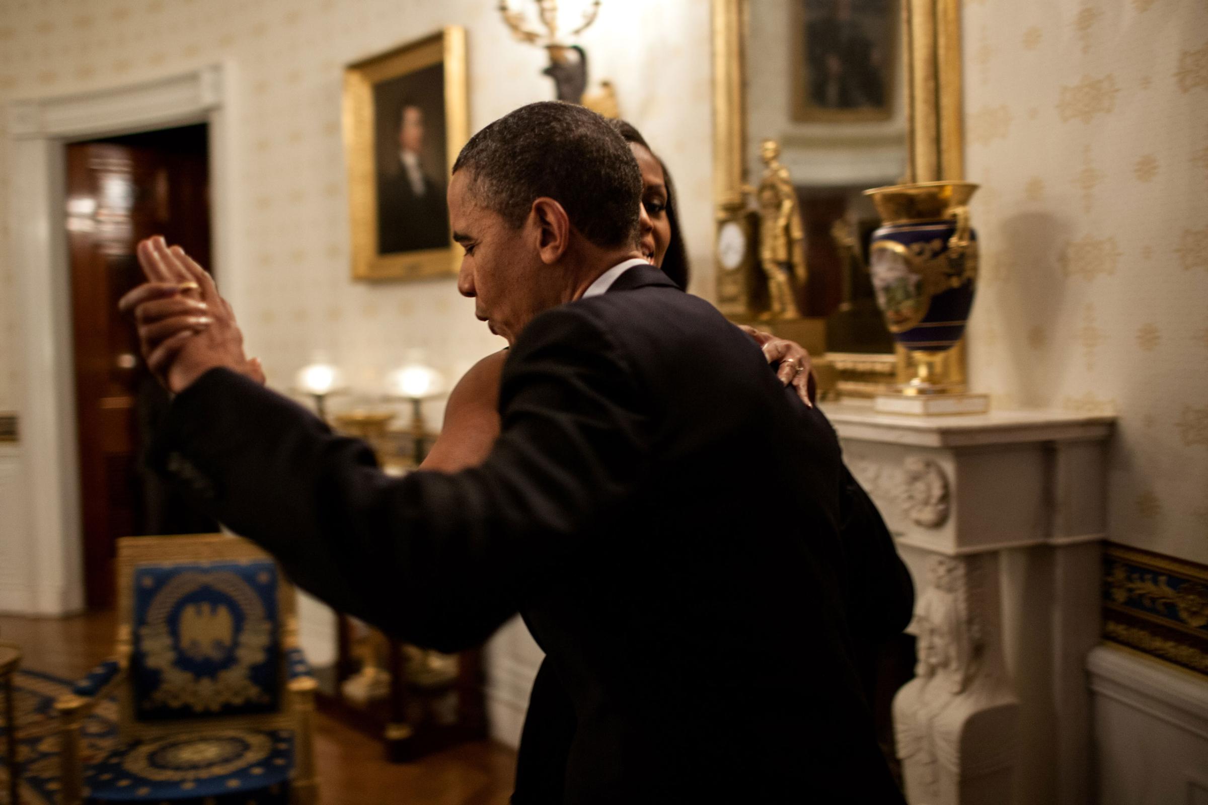 President Barack Obama dances with First Lady Michelle Obama in the Blue Room of the White House prior to an "In Performance at the White House" series concert honoring songwriters Burt Bacharach and Hal David, May 9, 2012. During the concert the President presented Bacharach and Eunice David, on behalf of her husband, with the Library of Congress Gershwin Prize for Popular Song.