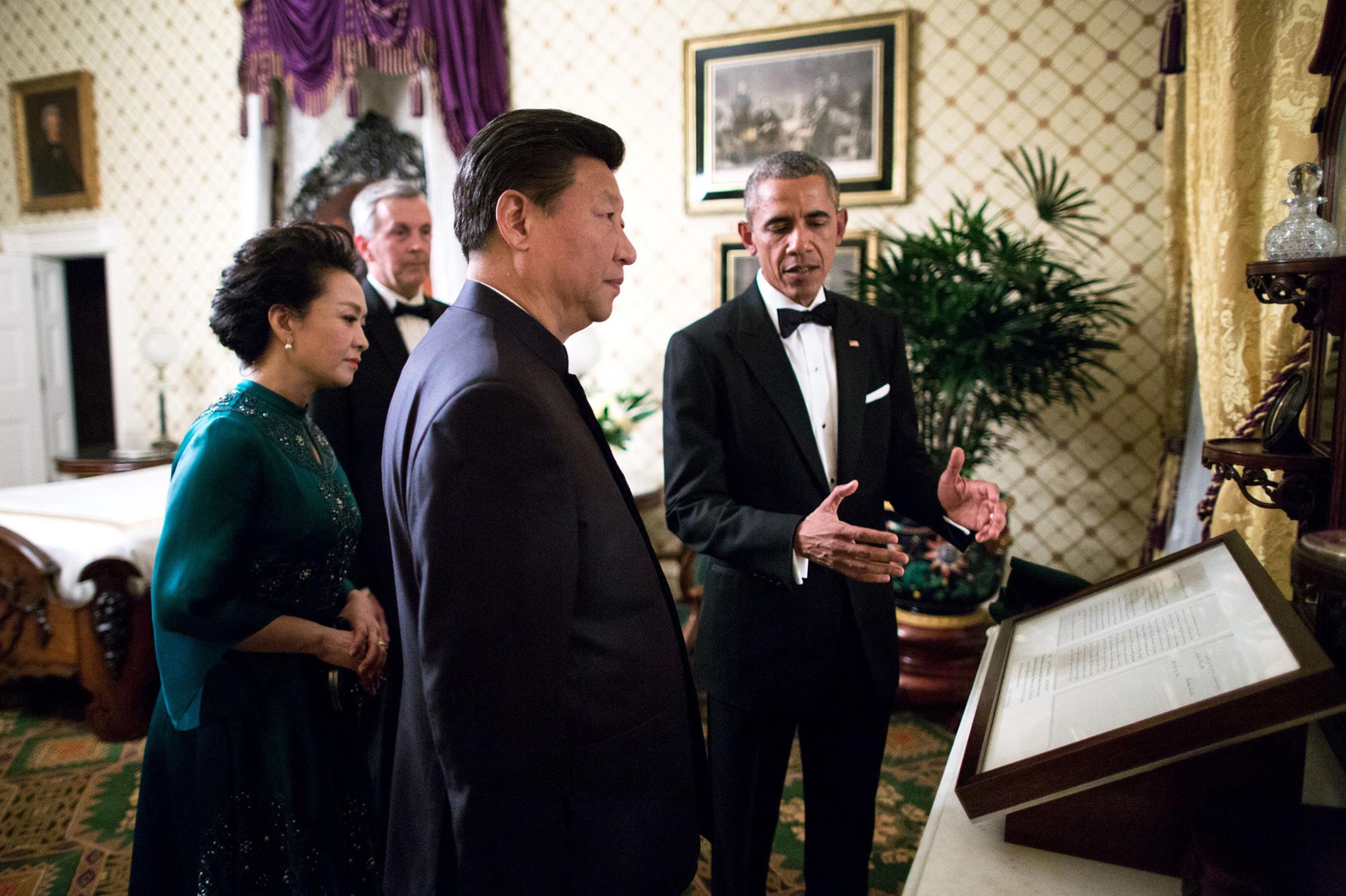 "Two days after the visit of Pope Francis, the President and First Lady hosted President Xi Jinping of China and Madame Peng Liyuan for another State Visit. Before the formal State Dinner, the President showed President Xi and Madame Peng the Gettysburg Address in the Lincoln Bedroom,"Sept. 25, 2015.