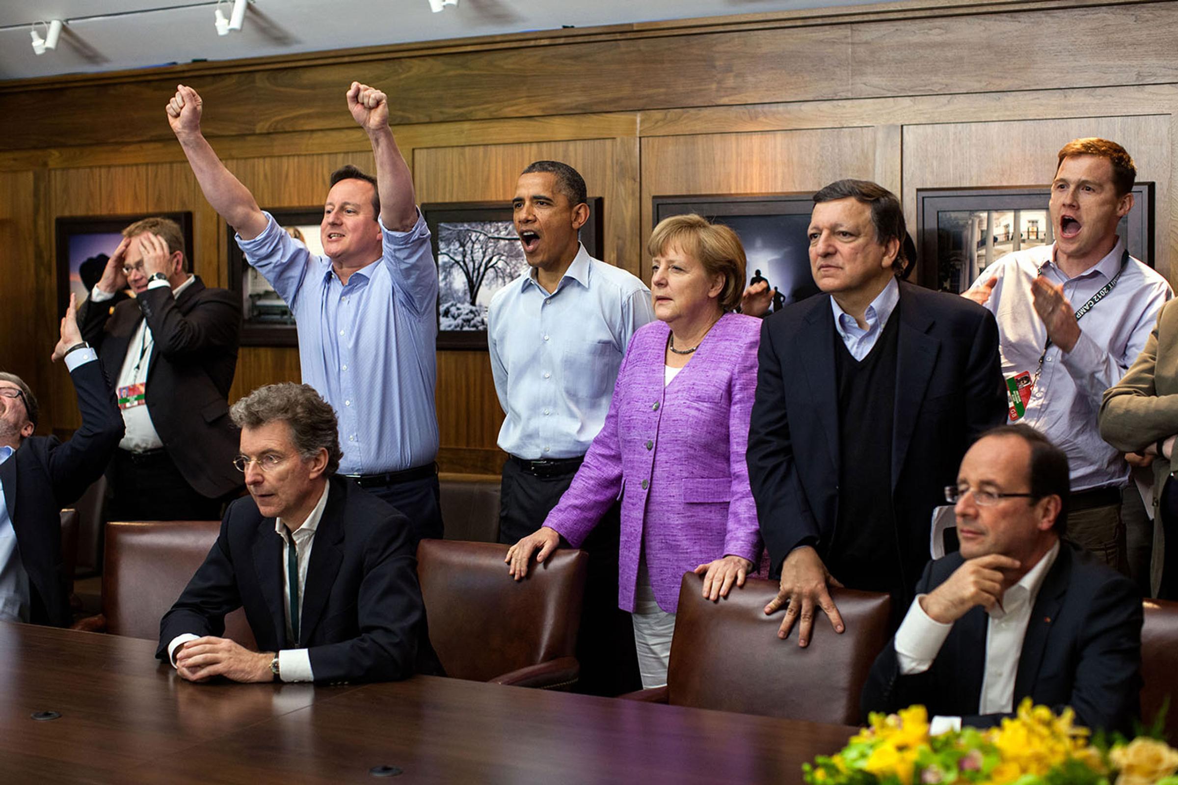"At Camp David for the G8 Summit, European leaders took a break to watch the overtime shootout of the Chelsea vs. Bayern Munich Champions League final. Prime Minister David Cameron of the United Kingdom, the President, Chancellor Angela Merkel of Germany, José Manuel Barroso, President of the European Commission, French President François Hollande react during the winning goal," May 19, 2012.