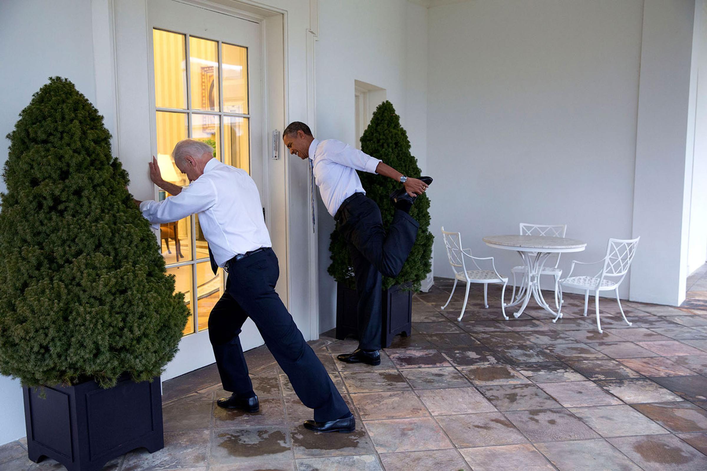 President Barack Obama and Vice President Joe Biden participate in a "Let's Move!" video taping on the Colonnade of the White House, Feb. 21, 2014.