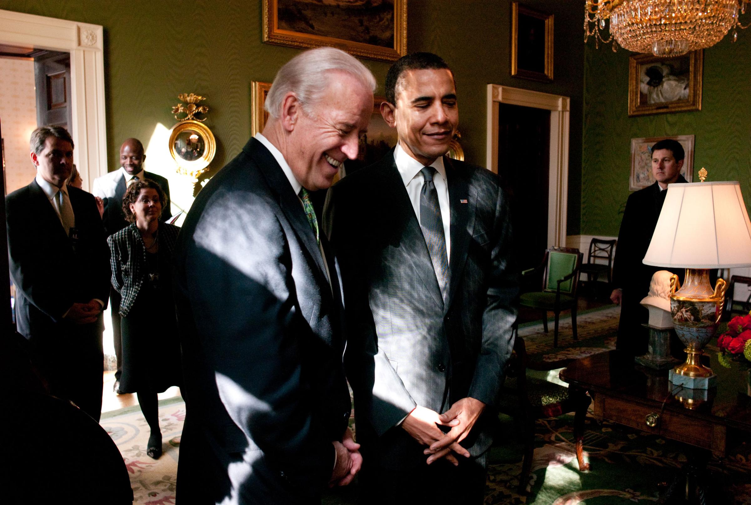 President Barack Obama and Vice President Joe Biden in the Green Room prior to a meeting with U.S. Mayors, Feb. 20,2009.