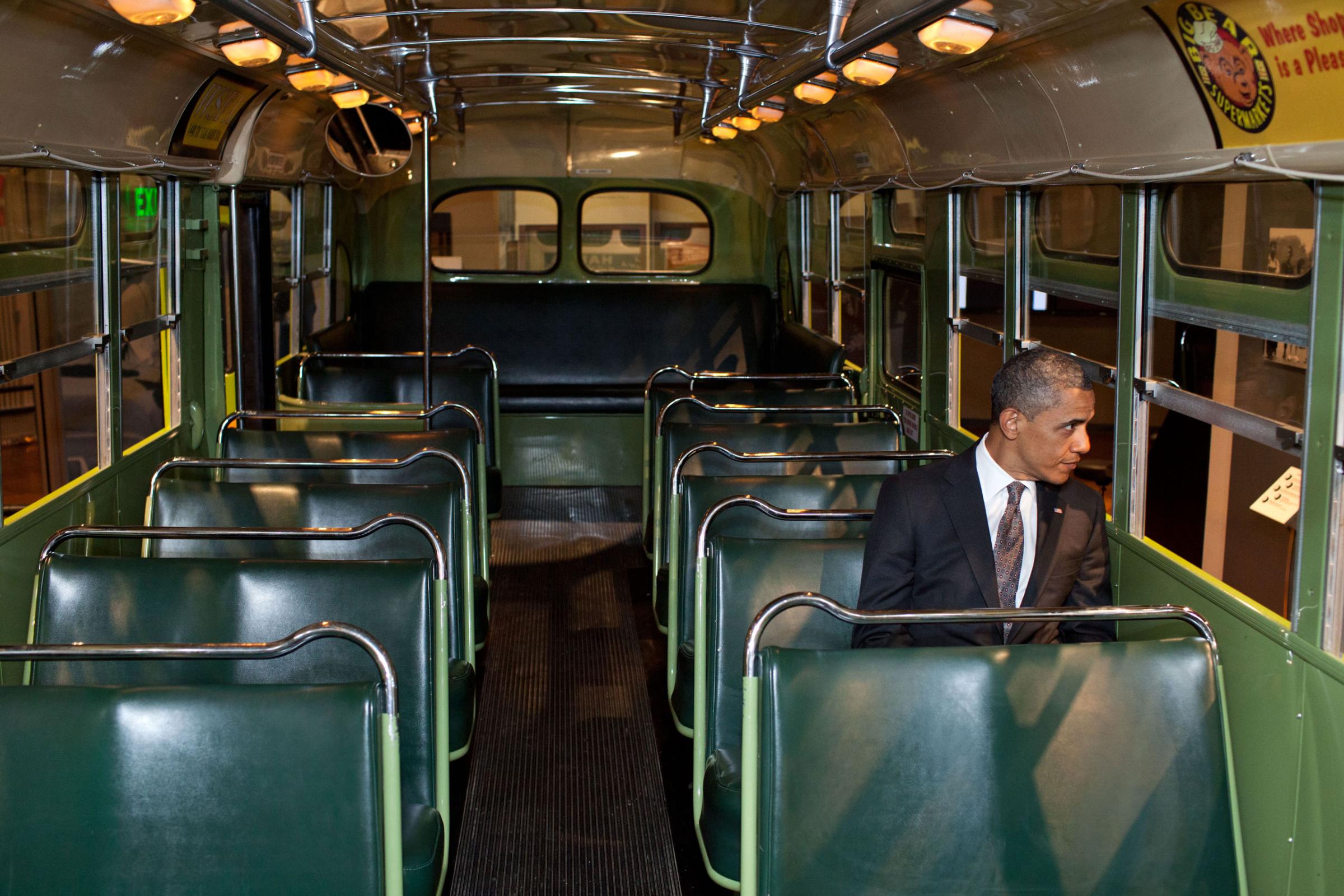 "We were doing an event at the Henry Ford Museum in Dearborn, Mich. Before speaking, the President was looking at some of the automobiles and exhibits adjacent to the event, and before I knew what was happening he walked onto the famed Rosa Parks bus. He sat in one of the seats, looking out the window for only a few seconds." April 18, 2012