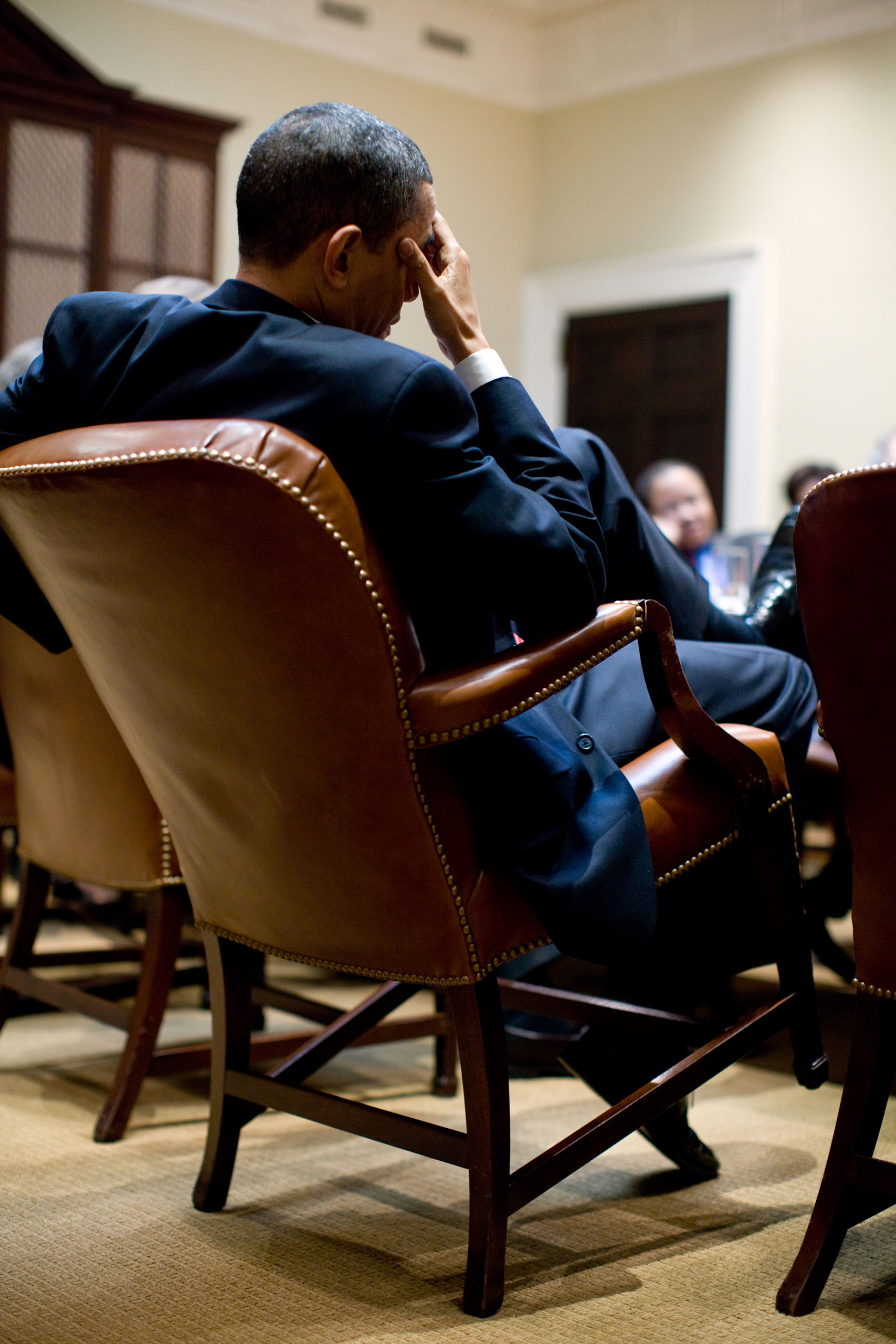 This was a planning meeting in the Roosevelt Room of the White House. The President was leaning back in his chair, taking in the discussion,”Dec. 22, 2009.