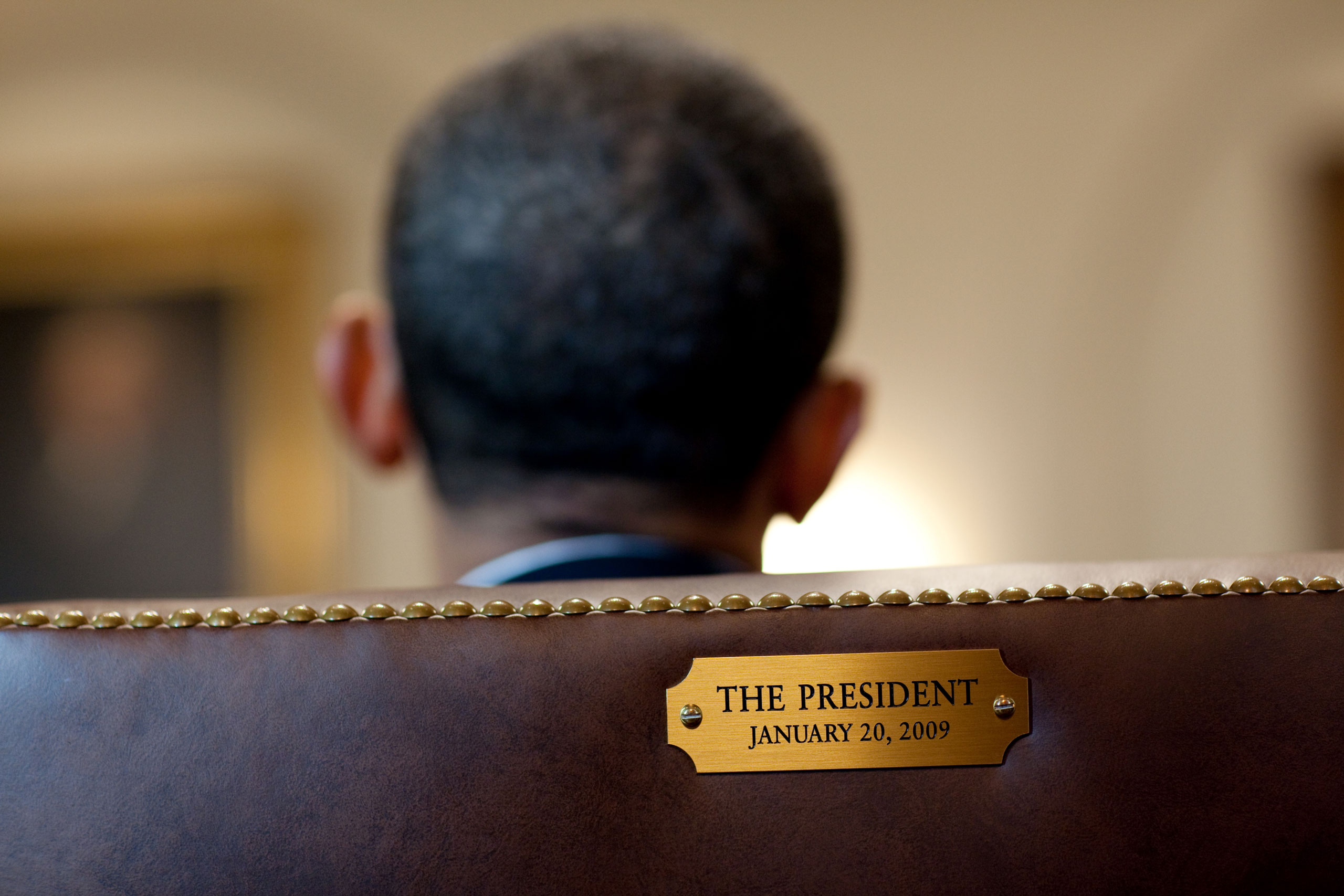 A view of the President's chair in the Cabinet Room. The plaques on the chairs of the President and the Vice President are noted with the date of the inauguration; the plaques on the chairs of each Cabinet member are noted with the date of their confirmation by the Senate,  Jan. 29, 2010.
