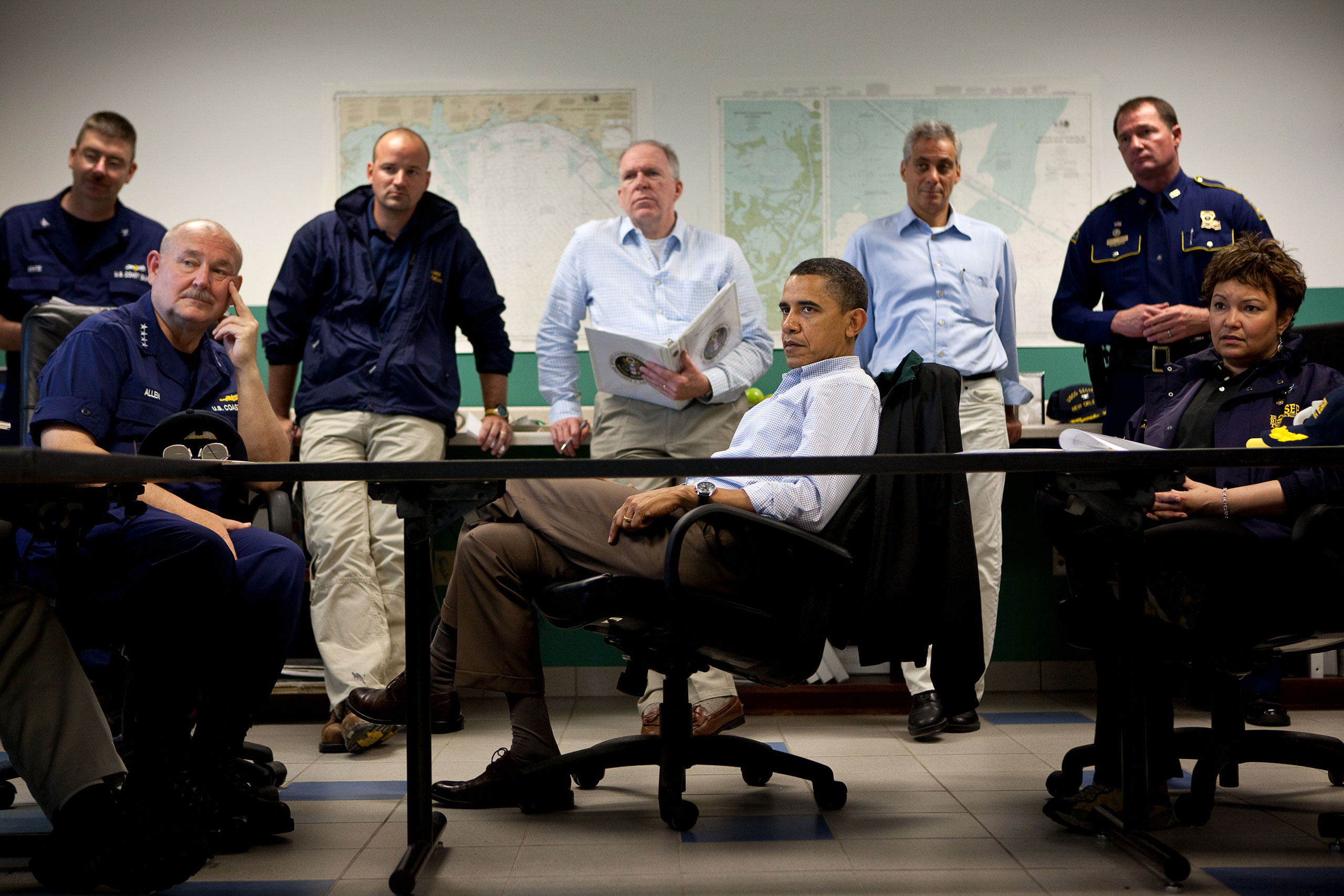 President Obama listens during a briefing about the situation along the Gulf of Mexico coast following the BP oil spill, at the Coast Guard Venice Center, in Venice, La., Sunday, May 2, 2010. Pictured, from left, are Admiral Thad Allen, U.S. Coast Guard Commandant Admiral; John Brennan, Assistant to the President for Homeland Security and Counterterrorism; Chief of Staff Rahm Emanuel; and EPA Administrator Lisa Jackson.