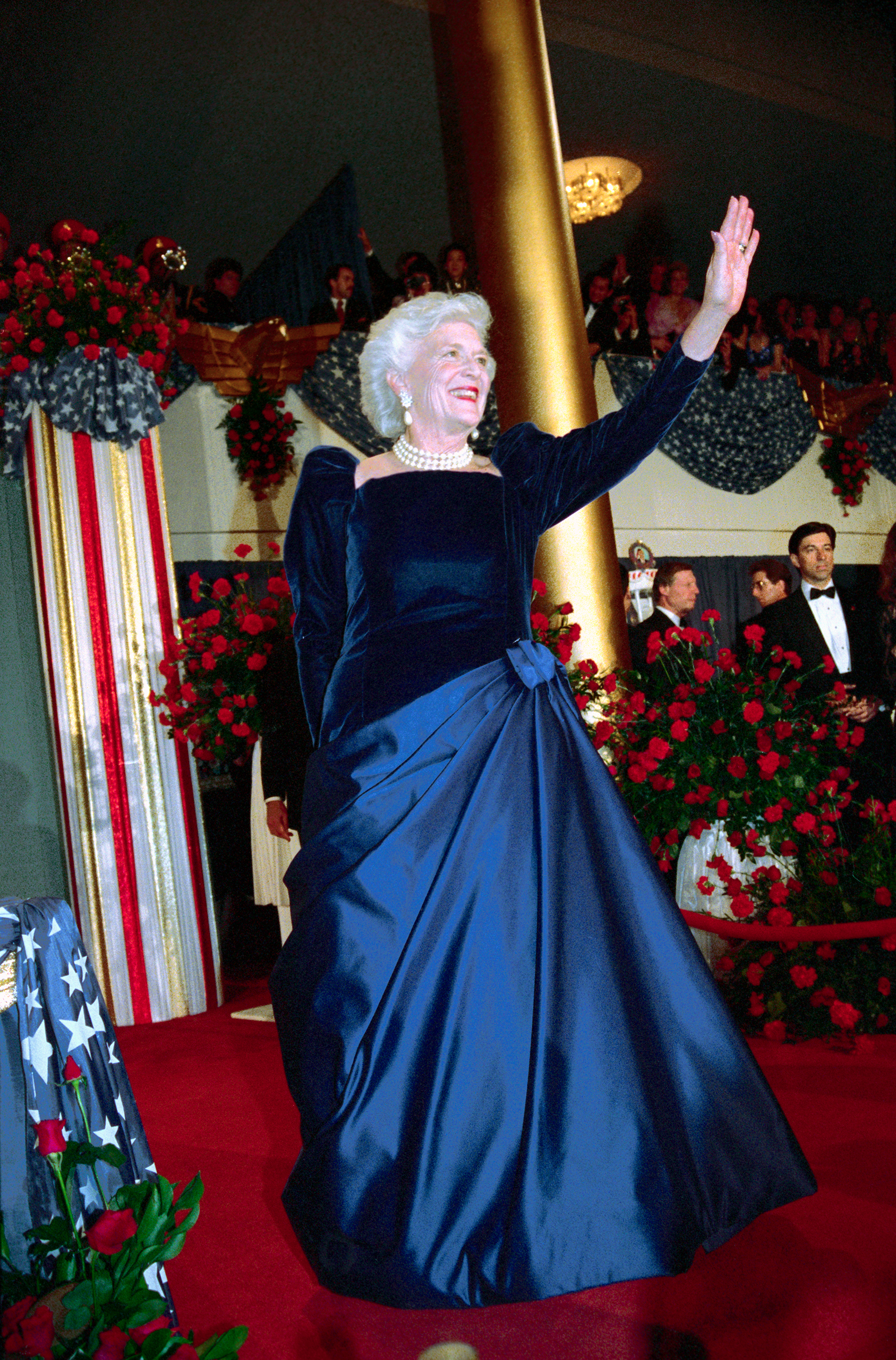 Barbara Bush, Arnold Scaasi, 1989 In this royal blue gown with a velvet top and satin skirt, Bush became known as America's "most glamorous grandmother."