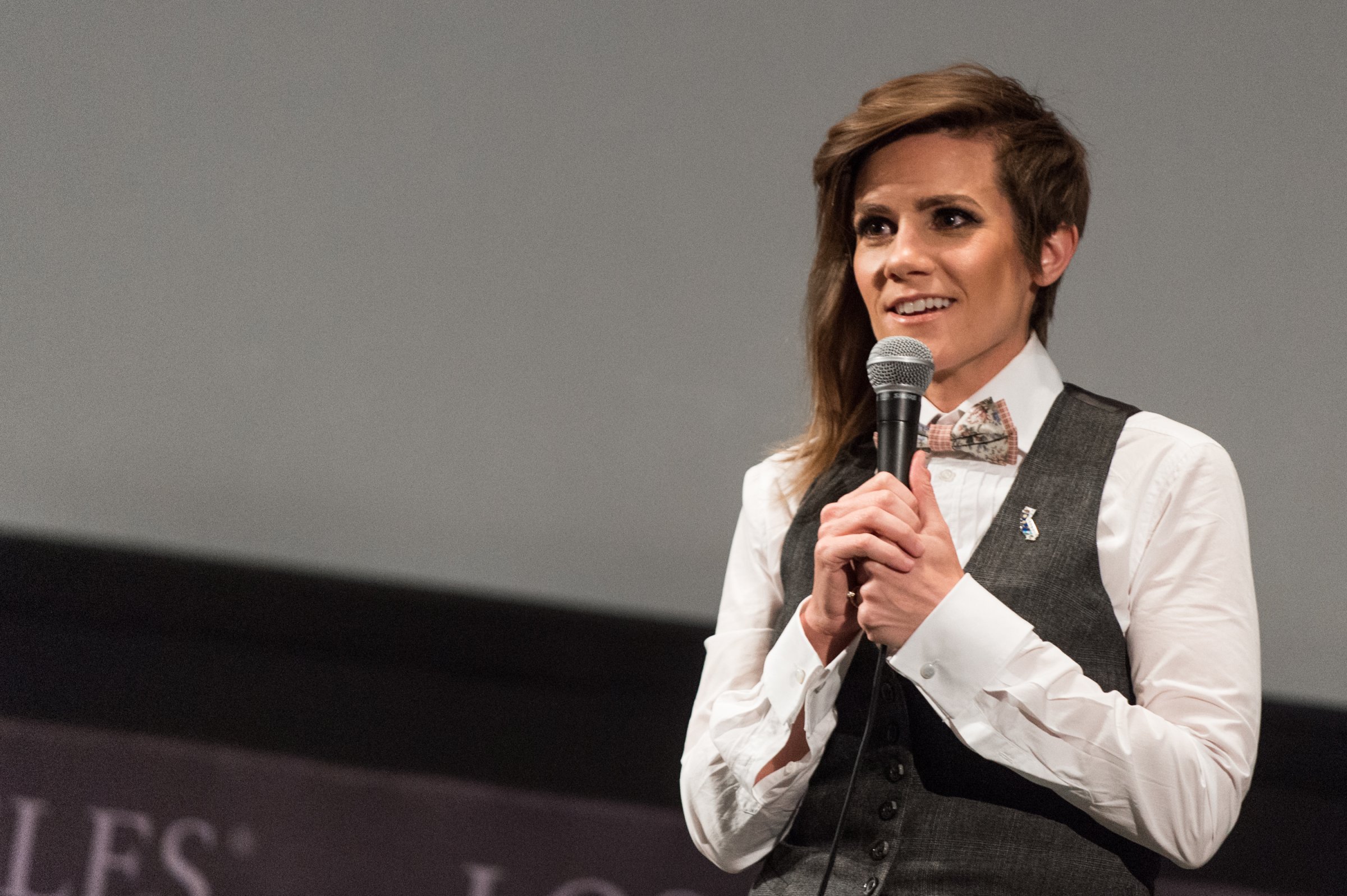 Comedian Cameron Esposito speaks onstage at the Seeso original screening of 'Take My Wife' at Los Angeles Film School on August 9, 2016 in Los Angeles, California.