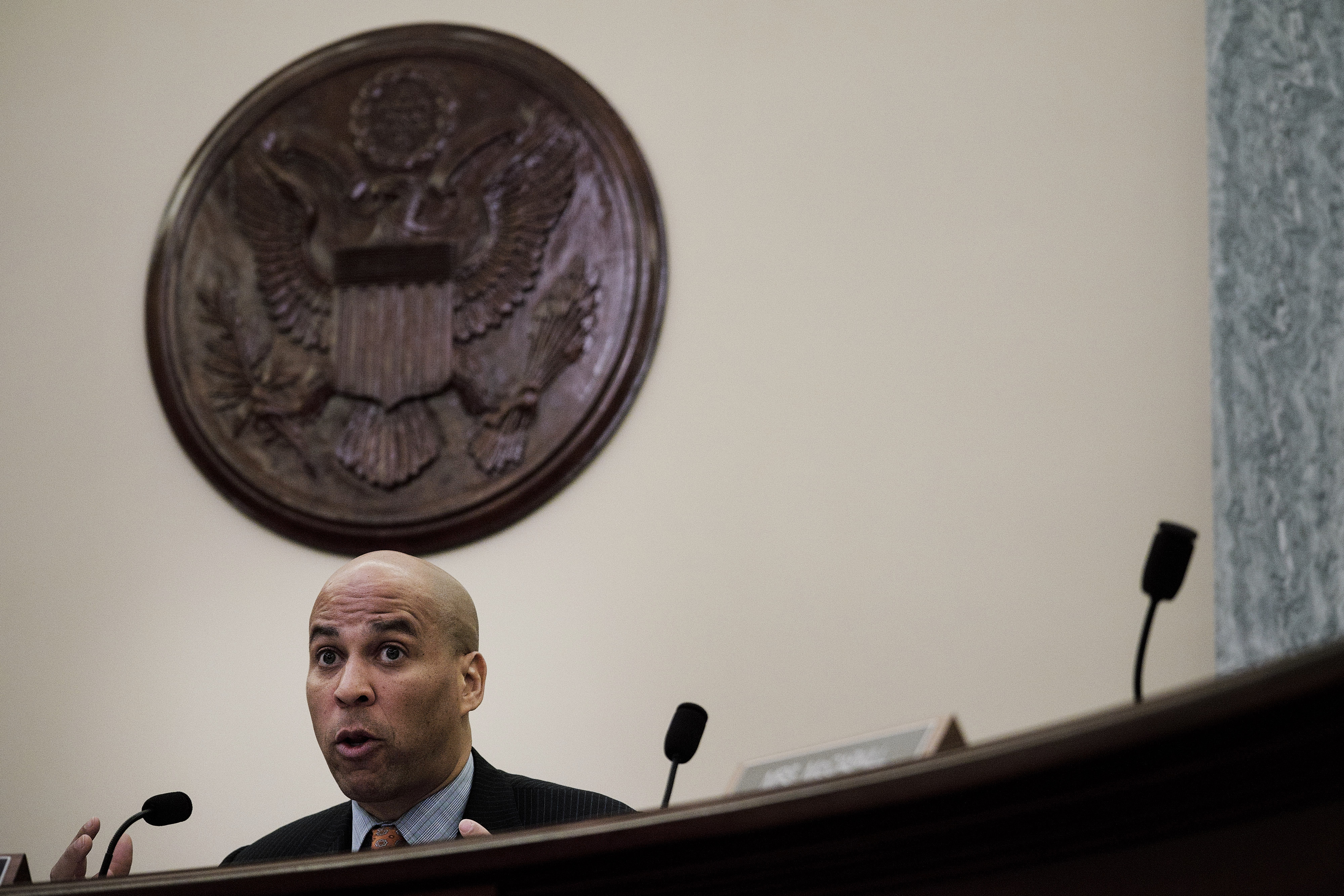 Sen. Cory Booker, a Democrat from New Jersey, questions a witness during a Senate Committee on Commerce Science &amp; Transportation hearing in Washington, D.C. on Dec. 7, 2016. (T.J. Kirkpatrick—Bloomberg/Getty Images)