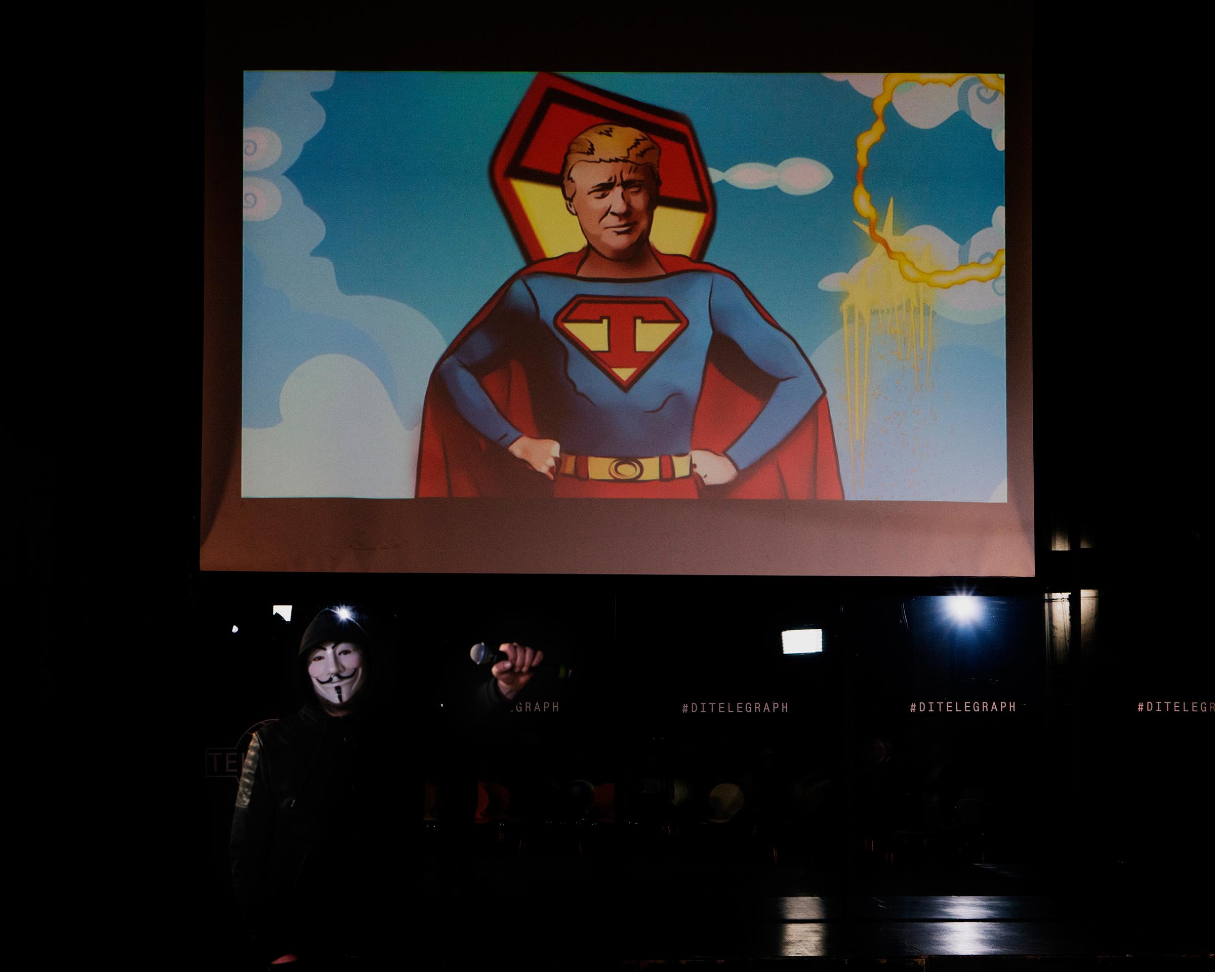 A drawing of Donald Trump is depicted on a Superman-like body on the occasion of his inauguration at an event organized by Maria Katasonova and TzarGrad TV in Moscow on Jan. 20, 2017. Katasonova was a candidate MP in the last Duma elections.