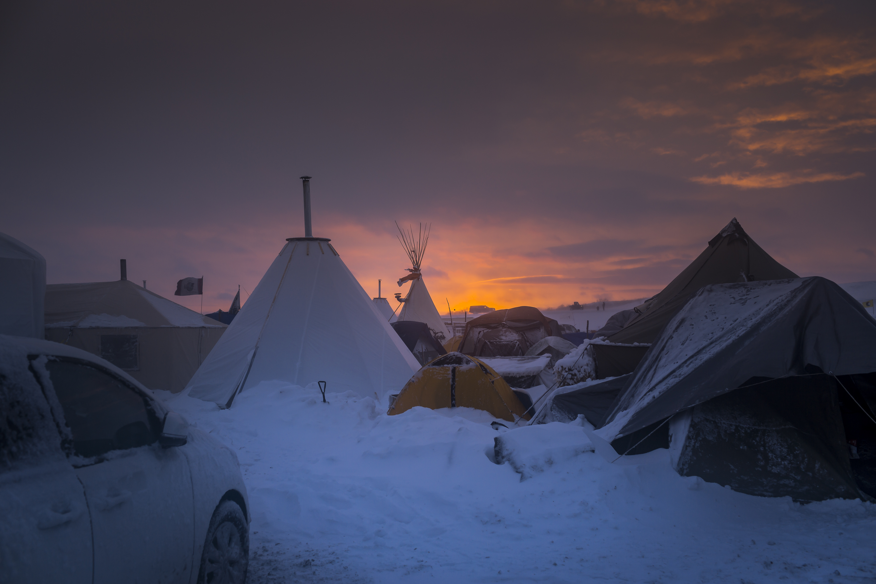Winter arrives in Standing Rock at the Oceti Sakowin Camp in North Dakota, the day after the Army Corps of Engineers denied the easement needed to build the pipeline. (Michael Nigro—Pacific Press/LightRocket/Getty Images)