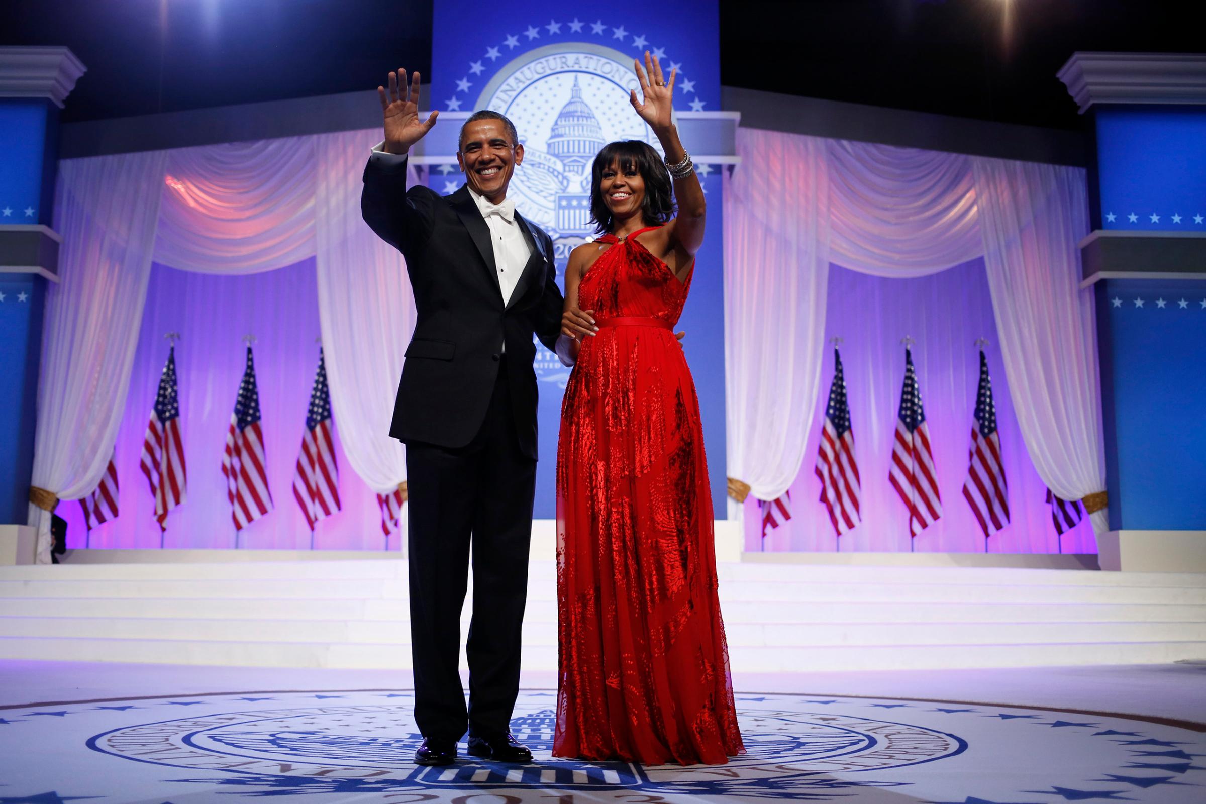 Michelle Obama, Jason Wu, 2013: The sleeveless red, chiffon and velvet gown was paired with a diamond embellished ring by jewelry designer Kimberly McDonald and shoes by Jimmy Choo.