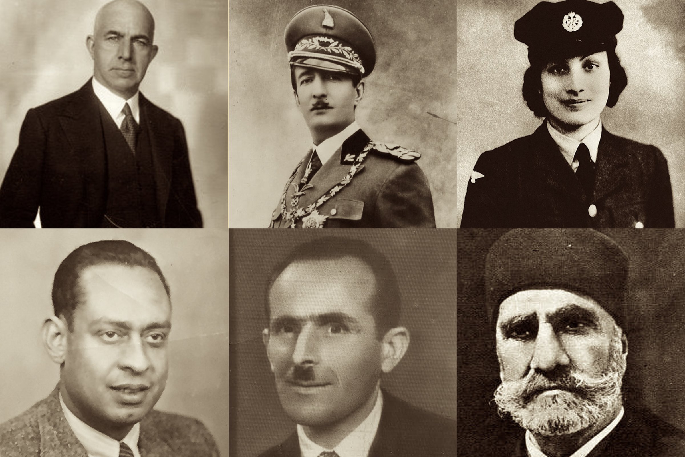 (Top row, left to right) Behic Erkin, King Zog I of Albania, Noor Inayat Khan; (Bottom row, left to right) Mohamed Helmy, Rifat Abdyl Hoxha, Ahmed Pasha Bey