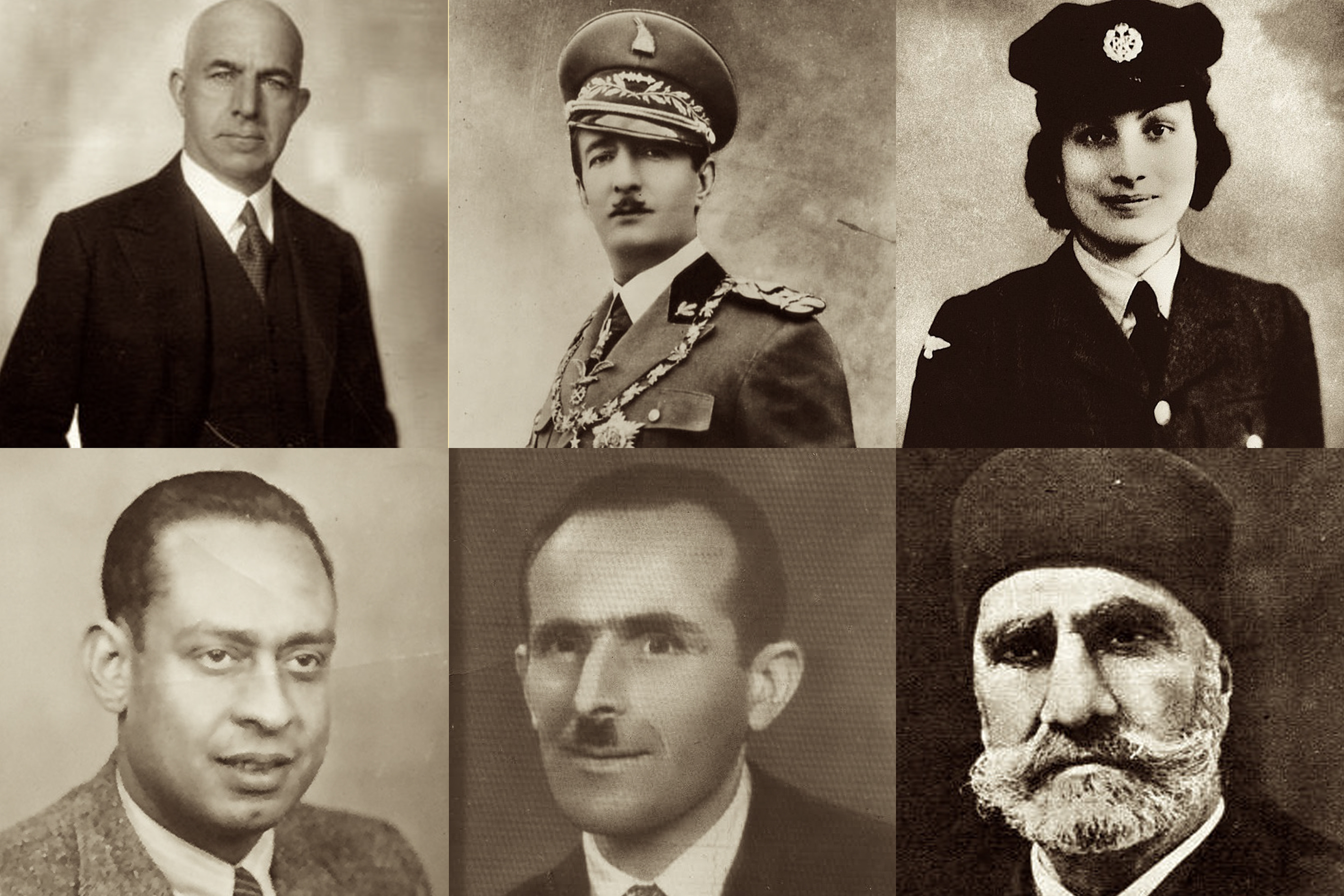 (Top row, left to right) Behic Erkin, King Zog I of Albania, Noor Inayat Khan; (Bottom row, left to right) Mohamed Helmy, Rifat Abdyl Hoxha, Ahmed Pasha Bey (I Am Your Protector)