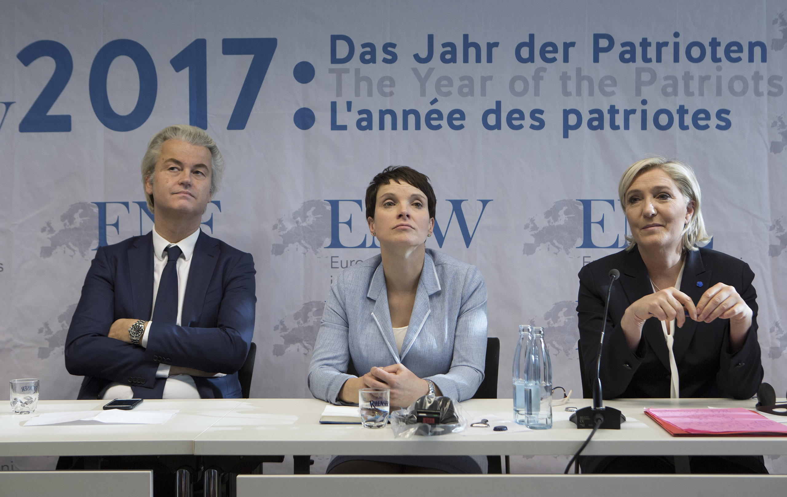 Geert Wilders, chairman of the Partij voor Vrijheid (Netherlands), Frauke Petry (AfD) and Marine Le Pen (Front National) in France.