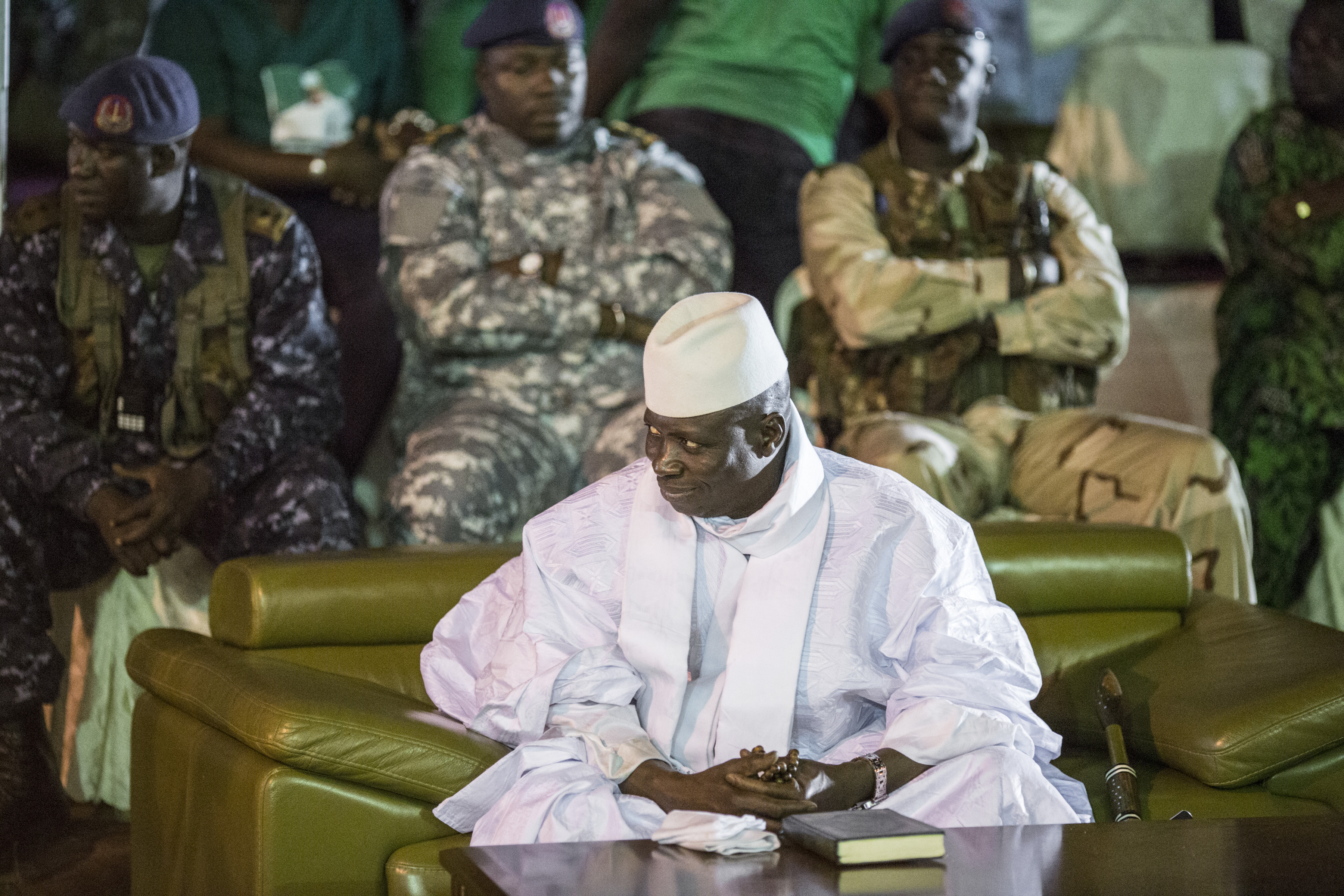Incumbent Gambian President Yahya Jammeh looks on in Banjul on November 29, 2016, during the closing rally of the electoral campaign of the Alliance for Patriotic Reorientation and Construction (APRC). (Marco Longari—AFP/Getty Images)