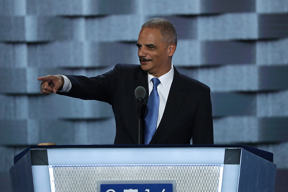 Former U.S. Attorney General Eric Holder delivers remarks on the second day of the Democratic National Convention at the Wells Fargo Center, July 26, 2016 in Philadelphia, Pennsylvania.