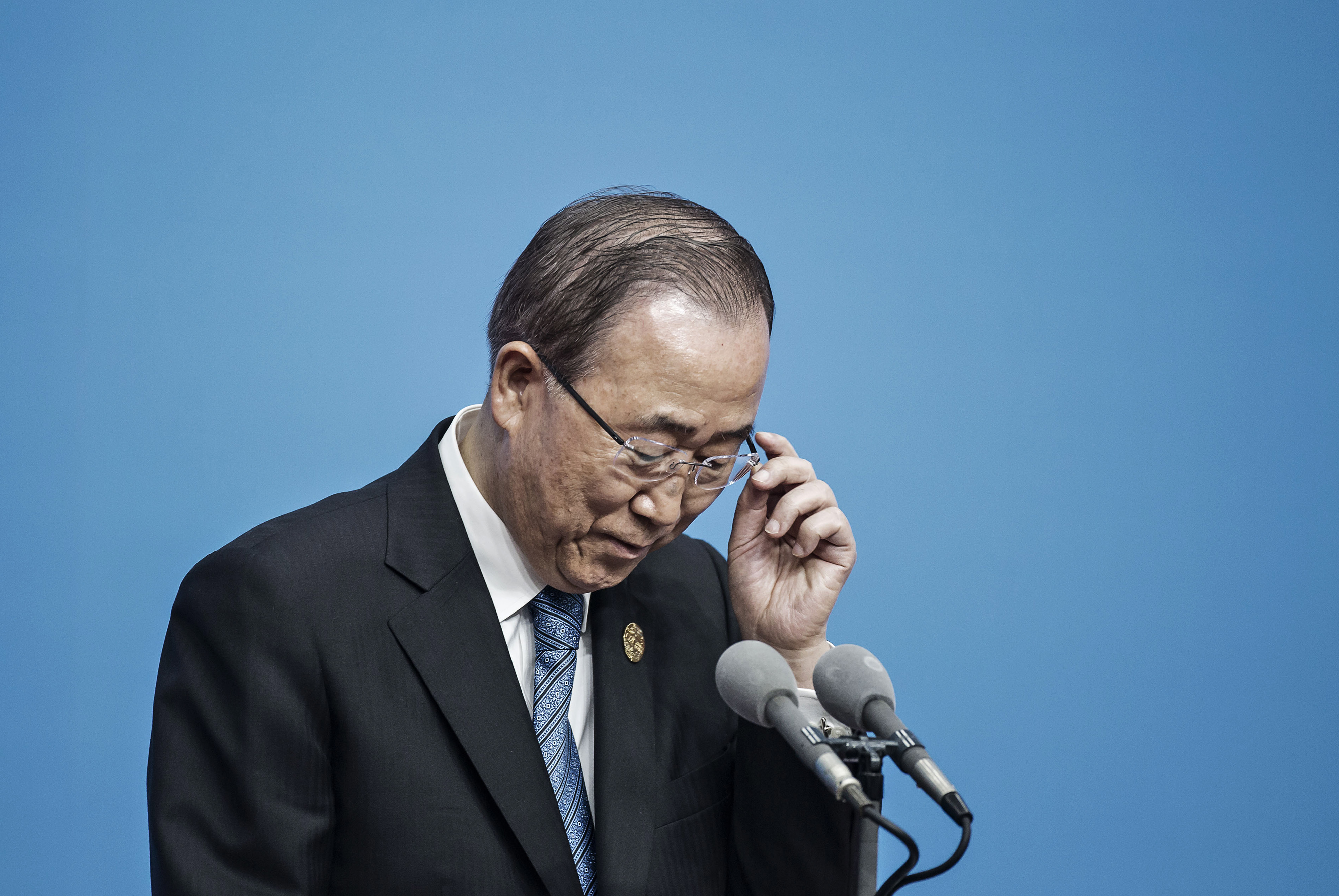 Ban Ki-Moon, then secretary general of the United Nations, adjusts his glasses during a news conference on the sidelines of the Group of 20 (G-20) summit in Hangzhou, China, on Sunday, Sept. 4, 2016. (Qilai Shen/Bloomberg via Getty Images)