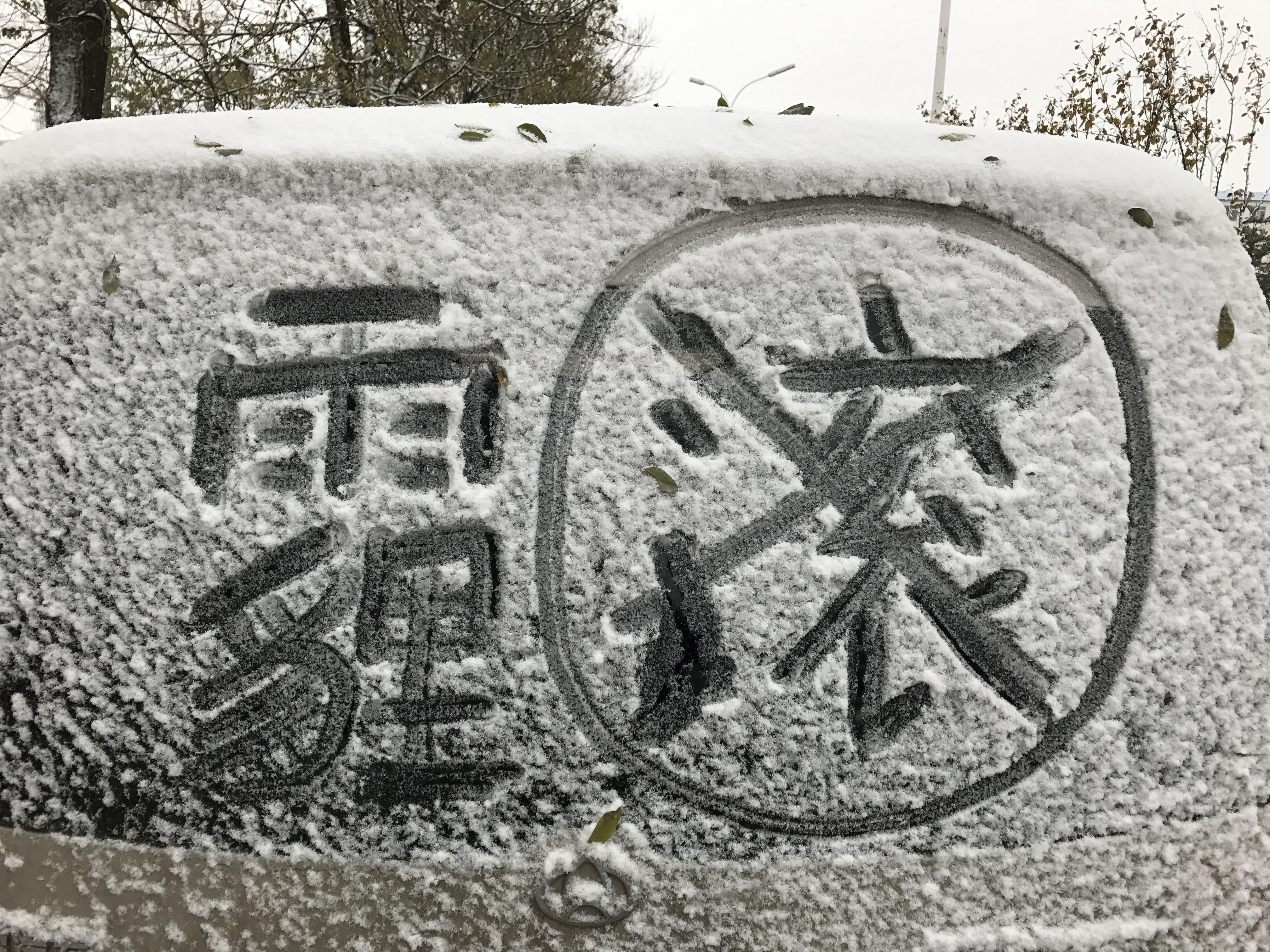 A vehicle is covered with snow with Chinese words that say "Get Out! Smog" on Nov. 21, 2016, in Beijing (VCG/Getty Images)