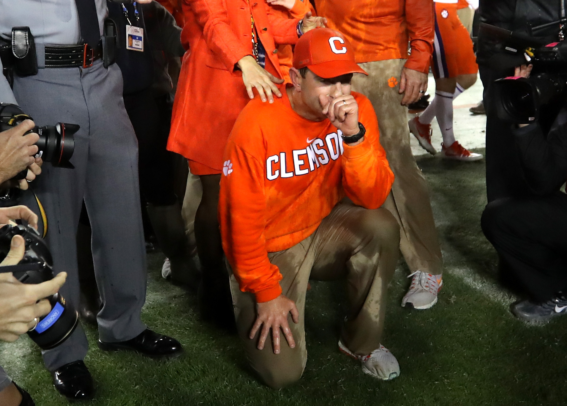 Head coach Dabo Swinney of the Clemson Tigers reacts after his team defeated the Alabama Crimson Tide 35-31 to win the 2017 College Football Playoff National Championship Game in Tampa, Florida, on Jan. 9, 2017. (Streeter Lecka—Getty Images)