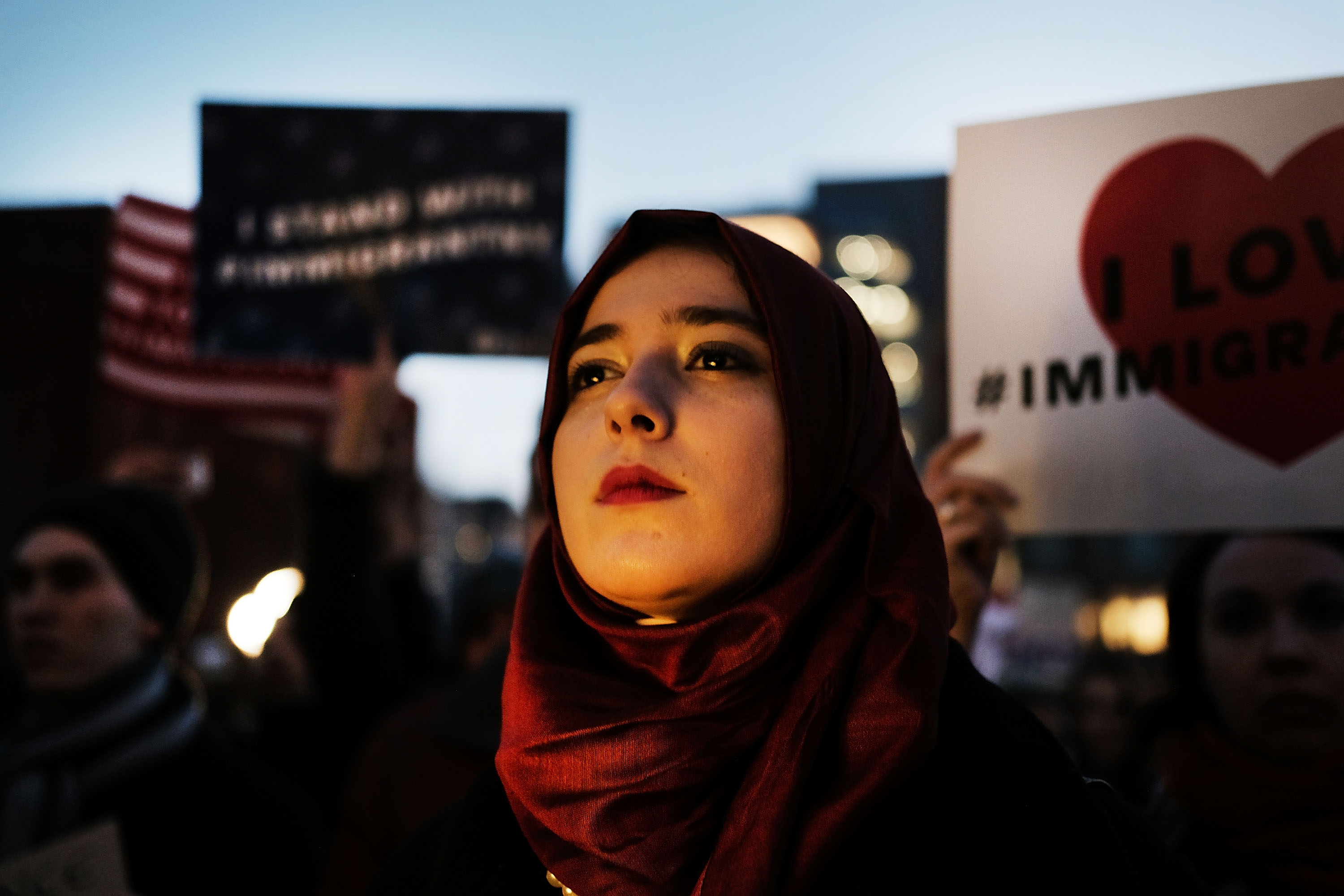 Hundreds of people attend an evening rally at Washington Square Park in support of Muslims, immigrants and against the building of a wall along the Mexican border on January 25, 2017 in New York City.   (Spencer Platt--Getty Images) (Spencer Platt&mdash;Getty Images)