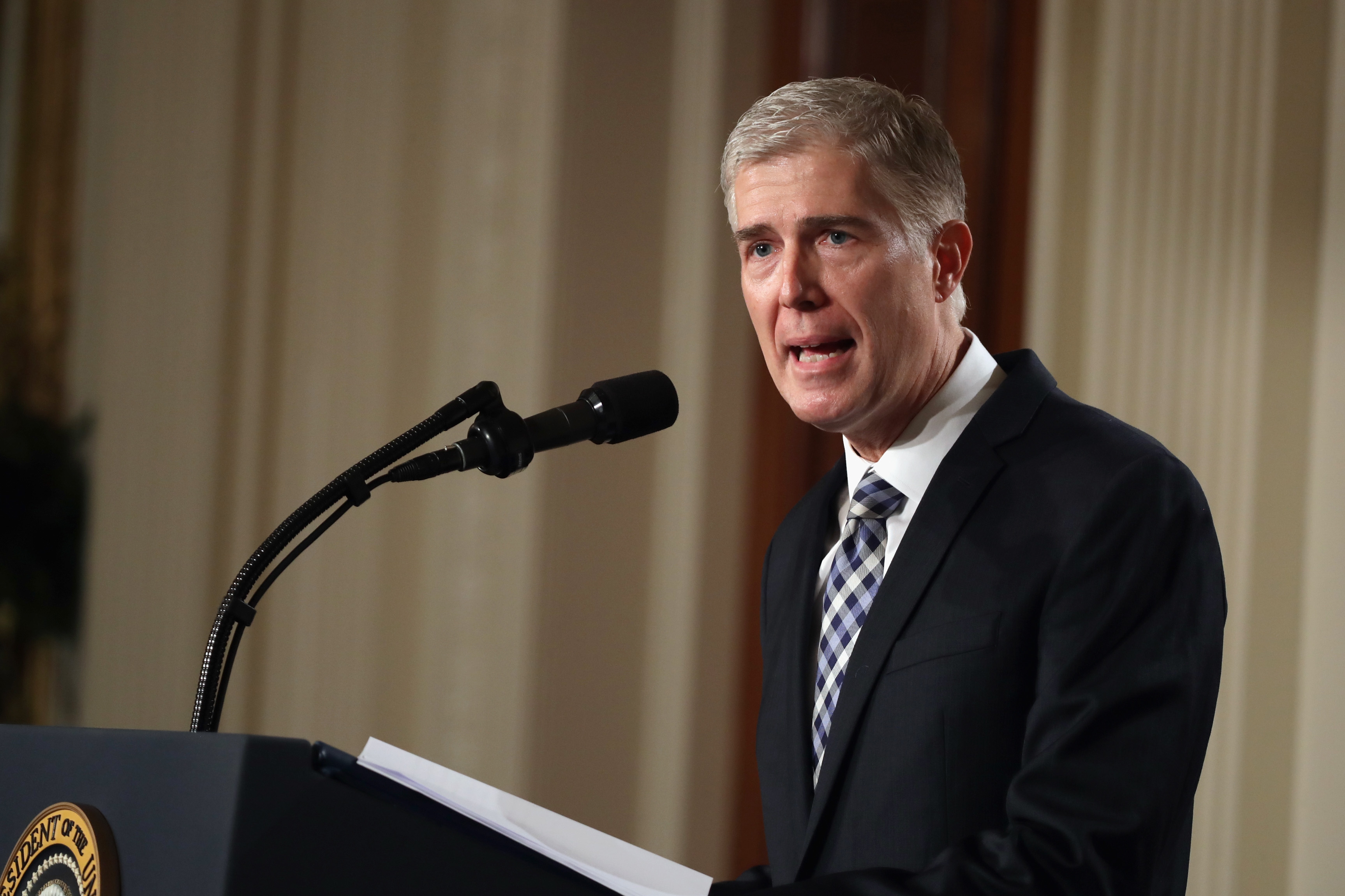 Judge Neil Gorsuch delivers brief remarks after being nominated by U.S. President Donald Trump to the Supreme Court, on Jan. 31, 2017. (Chip Somodevilla—Getty Images)