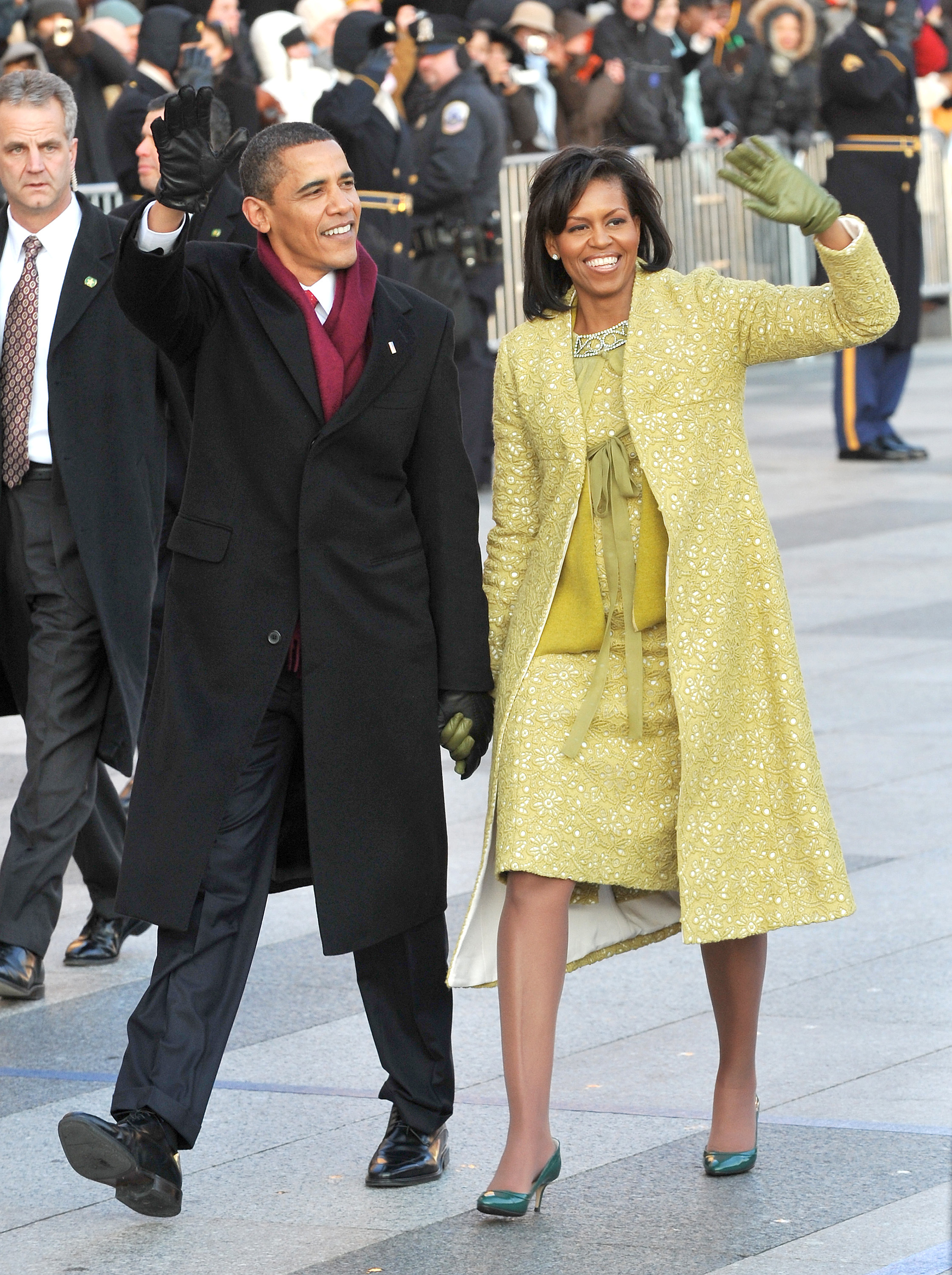 Michelle Obama wearing a lemongrass Isabel Toledo ensemble at Barack Obama's presidential inauguration.