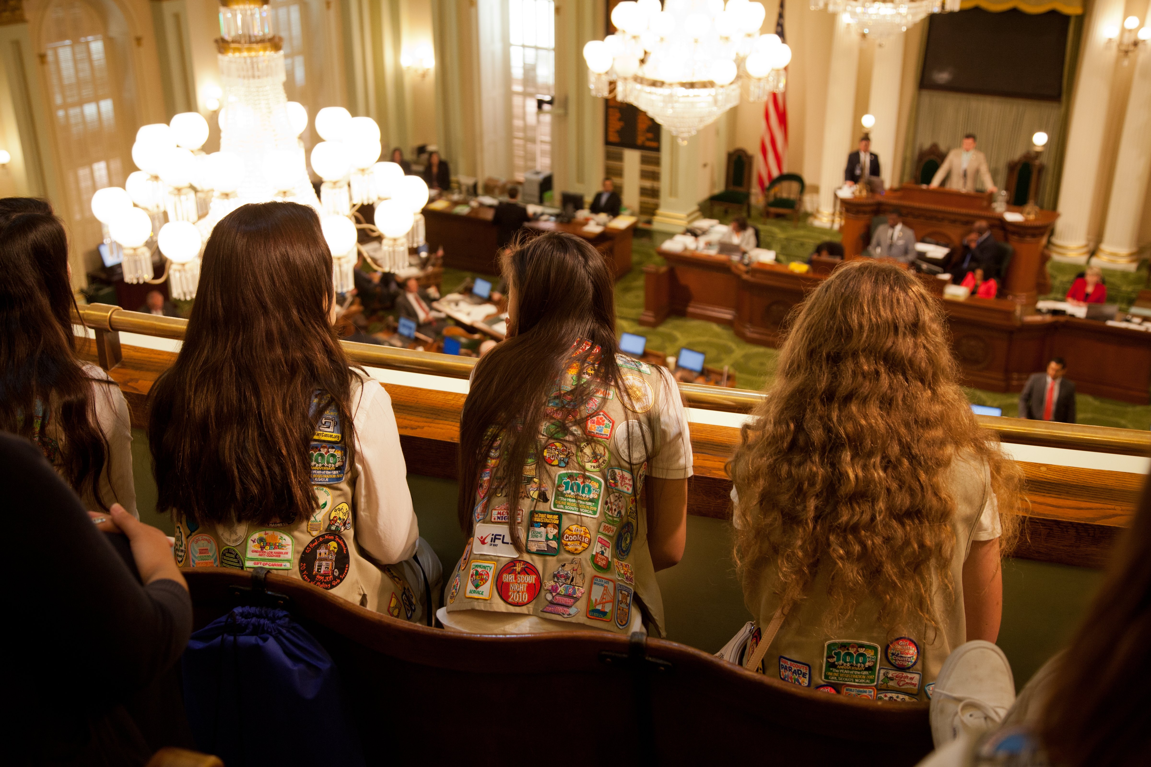 California Girl Scout Gold Award recipients look onto the Assembly floor during a proclamation recognizing the award's 100th anniversary on June 23, 2016 in Sacramento, California. (Kelly Sullivan&mdash;Getty Images for Girl Scouts)