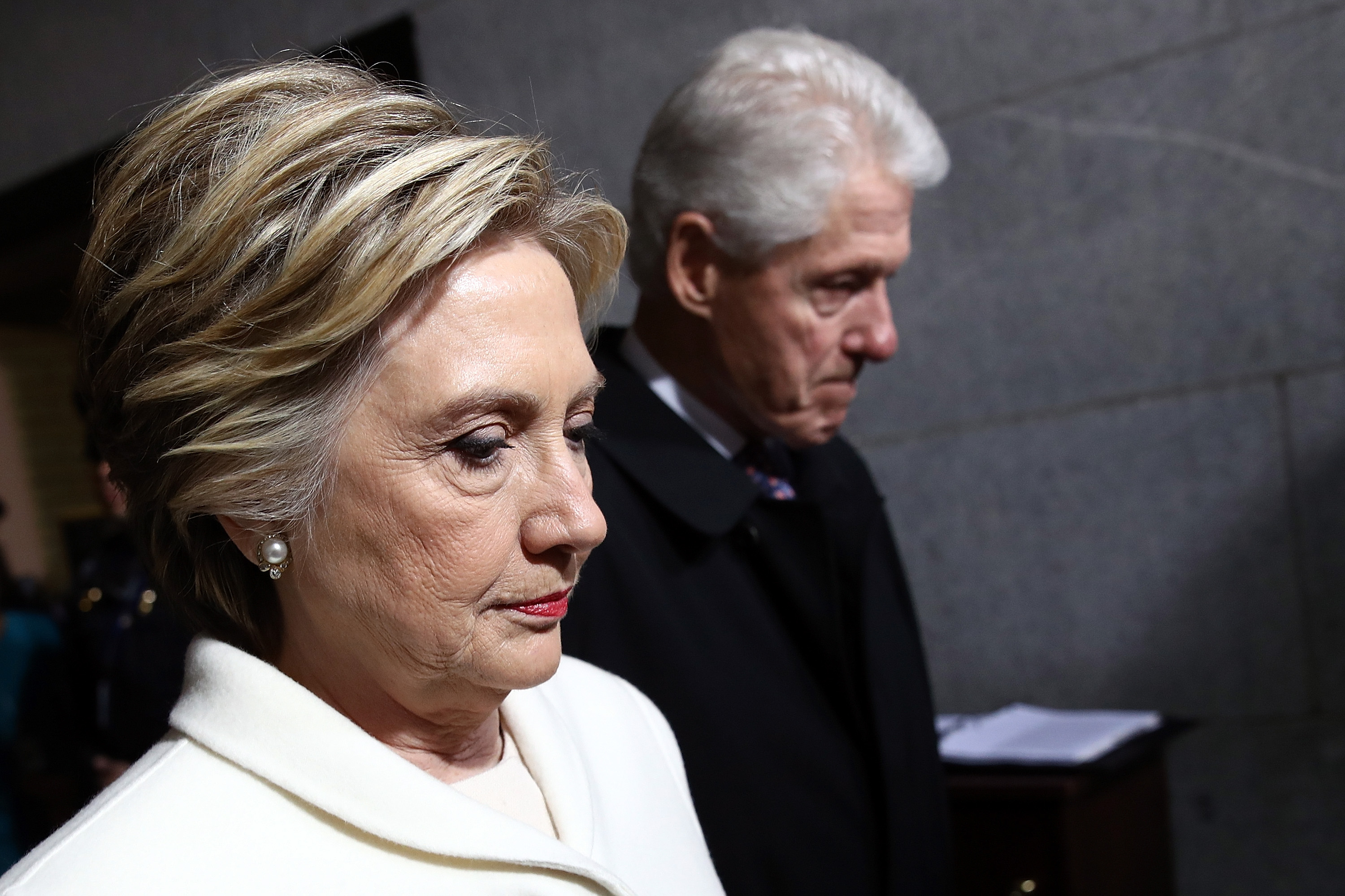 Former Democratic presidential nominee Hillary Clinton (L) and former President Bill Clinton arrive on the West Front of the U.S. Capitol on January 20, 2017 in Washington, D.C., for the inauguration of Donald Trump. (Win McNamee&mdash;Getty Images)