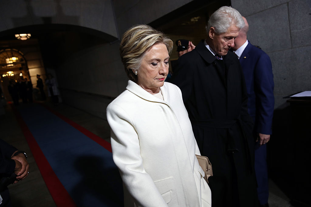 Former Democratic presidential nominee Hillary Clinton (L) and former President Bill Clinton arrive on the West Front of the U.S. Capitol on Jan. 20, 2017 in Washington, DC. (Win McNamee&mdash;Getty Images)