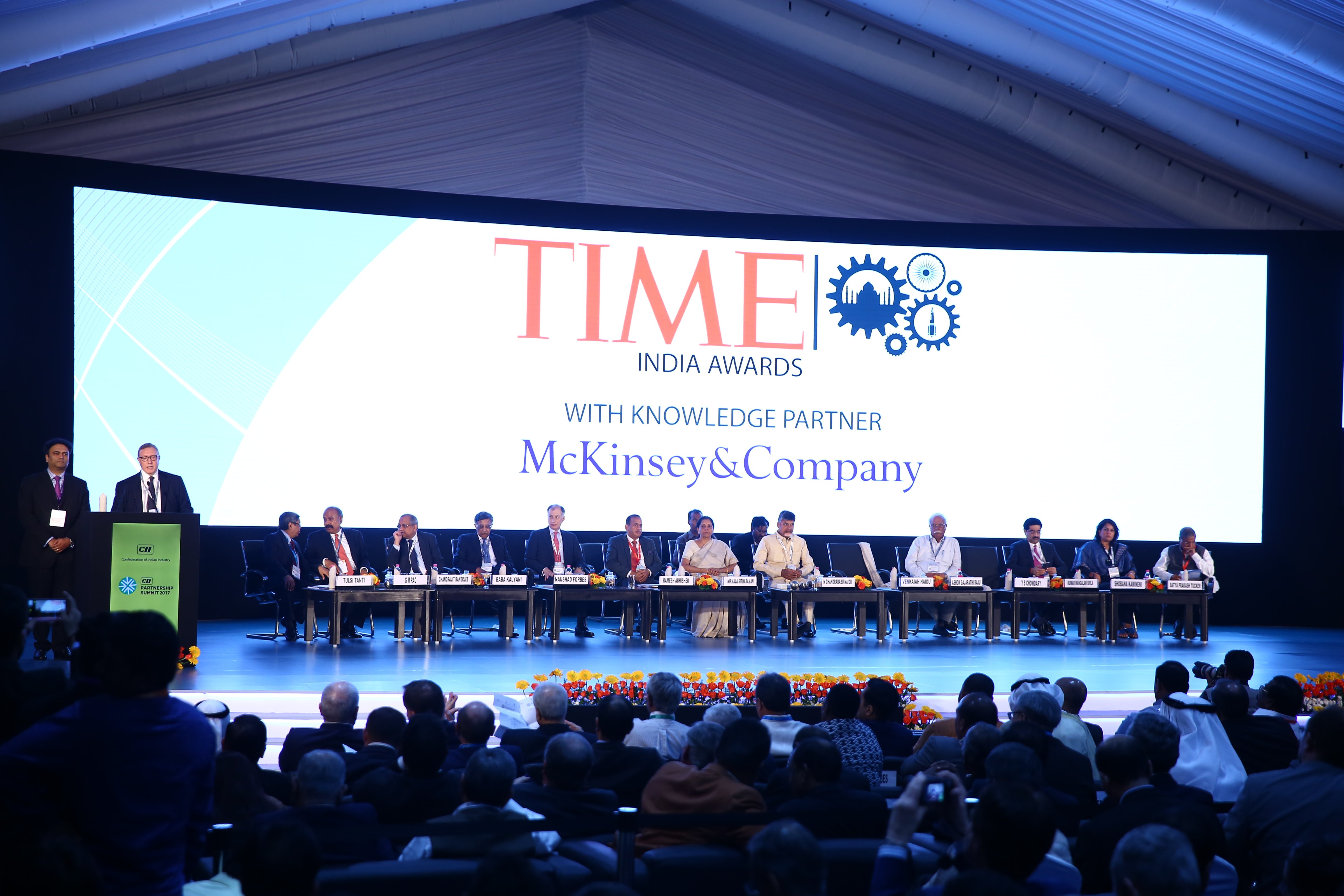 Time Inc.'s Norman Pearlstine and McKinsey &amp; Co.'s Rajat Dhawan present the 2017 Time India Awards (CII)