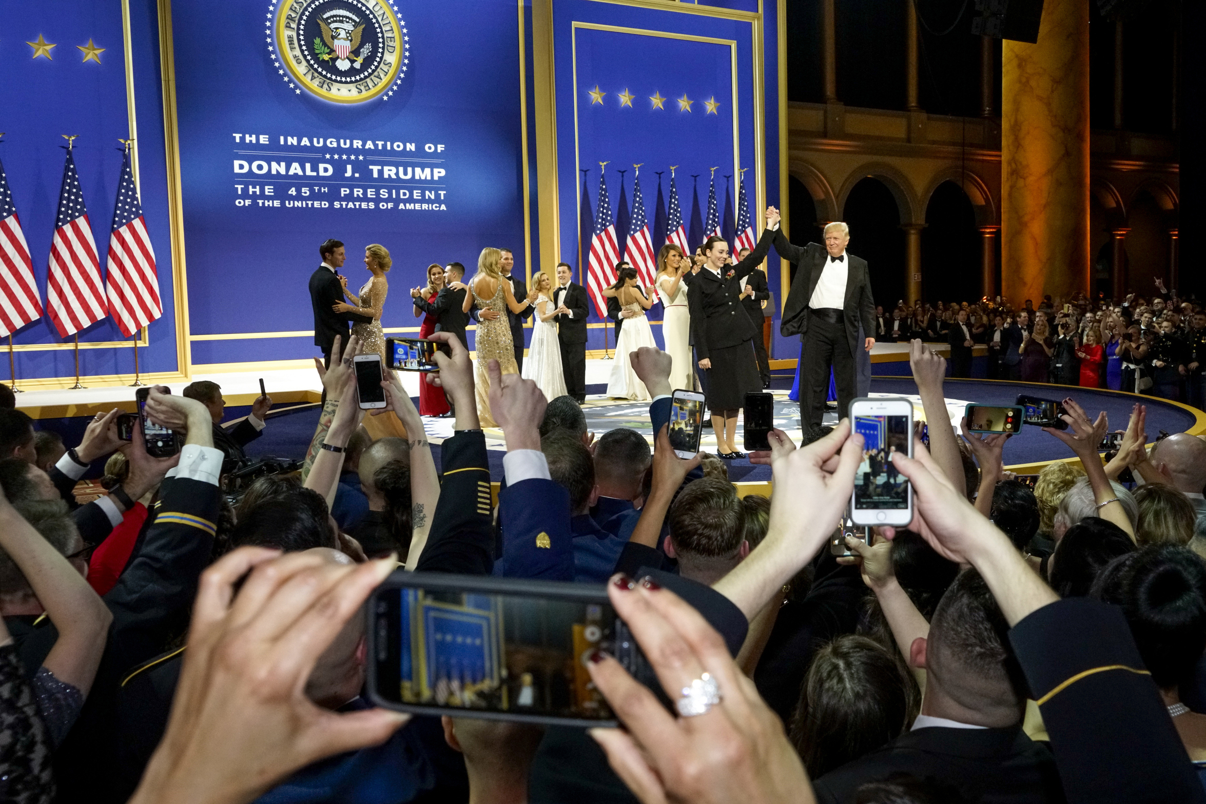 2017. Washington DC. USA.  Donald Trump arrives at the Presidential Inaugural Salute to our Armed Services Ball at the National Building Museum after the inauguration of Donald Trump as 45th President of the United States of America.