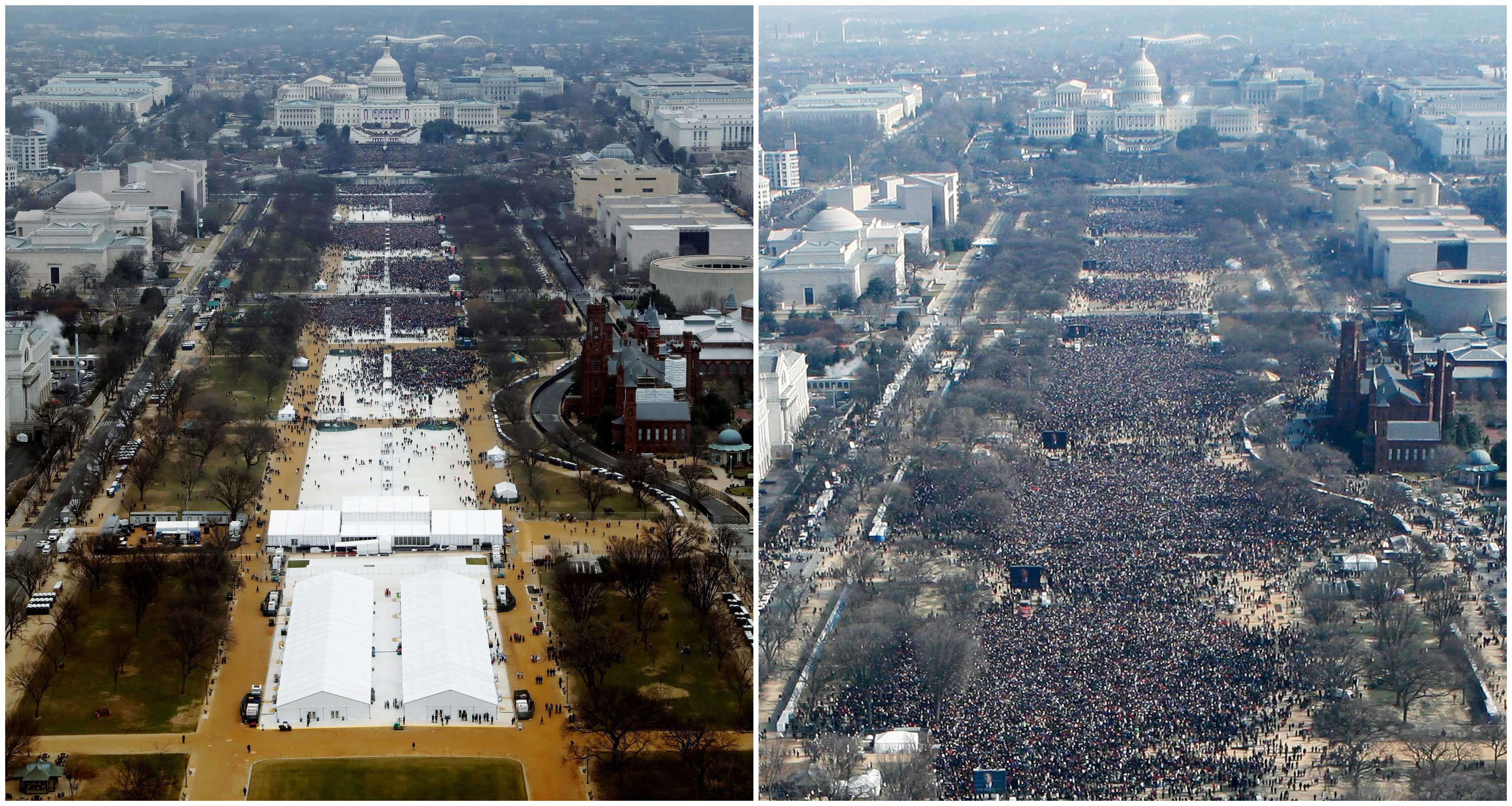A combination of photos taken at the National Mall shows the crowds attending the inauguration ceremonies to swear in U.S. President Donald Trump at 12:01pm (L) on Jan. 20, 2017 and President Barack Obama sometime between 12:07pm and 12:26pm on Jan. 20, 2009, in Washington, D.C. (Lucas Jackson (Left) and Stelios Varias (Right)—Reuters)