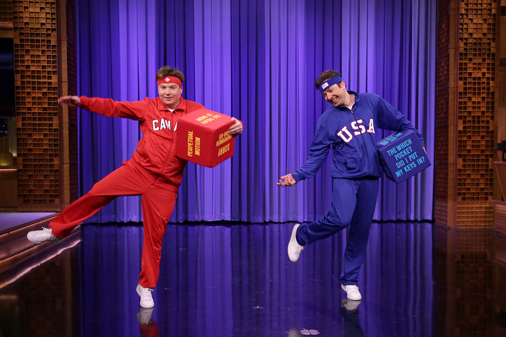 Mike Myers and 'Tonight Show' host Jimmy Fallon play dice dance-off on Jan. 24, 2017.