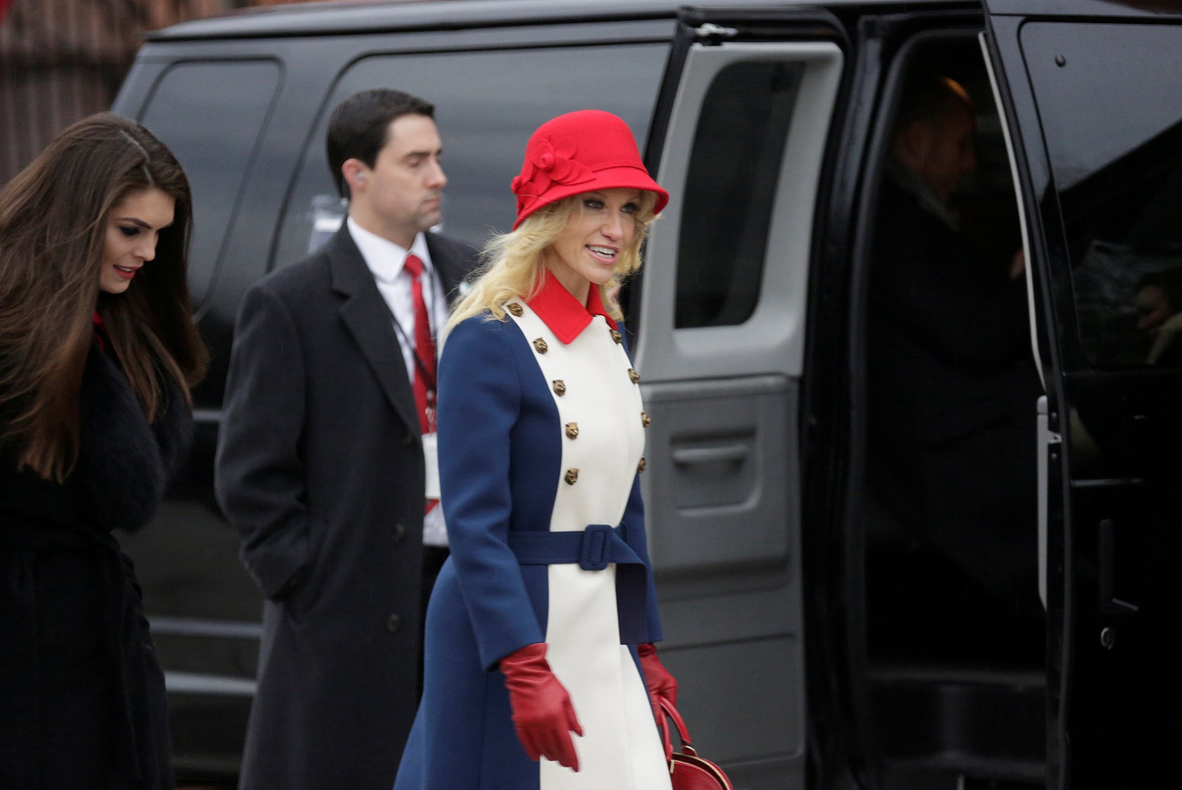 Kellyanne Conway departs for a church service before the 58th Presidential Inauguration in Washington