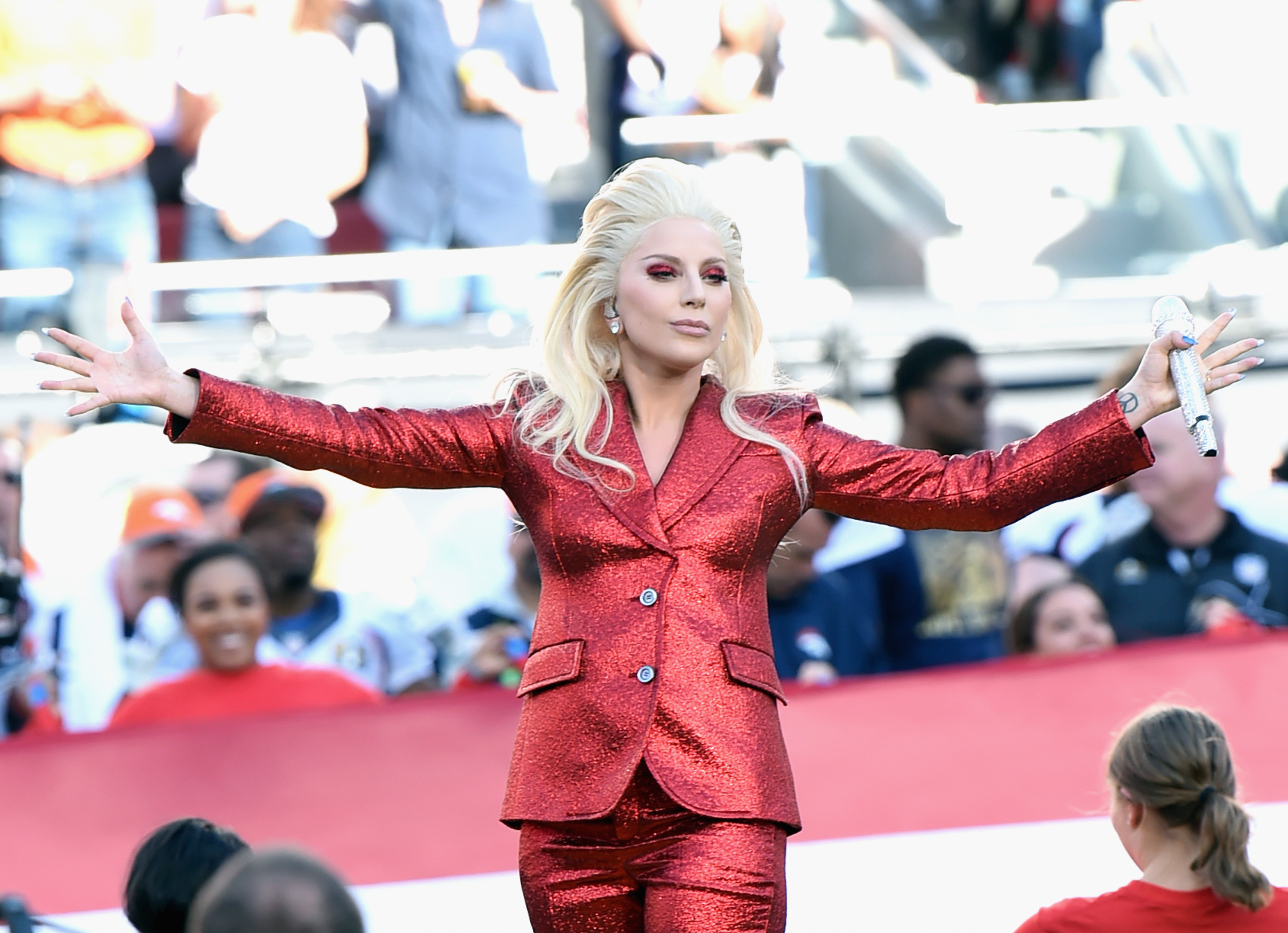 SANTA CLARA, CA - FEBRUARY 07:  Lady Gaga sings the National Anthem at Super Bowl 50 at Levi's Stadium on February 7, 2016 in Santa Clara, California.  (Photo by Jeff Kravitz/FilmMagic) (Jeff Kravitz±FilmMagic)