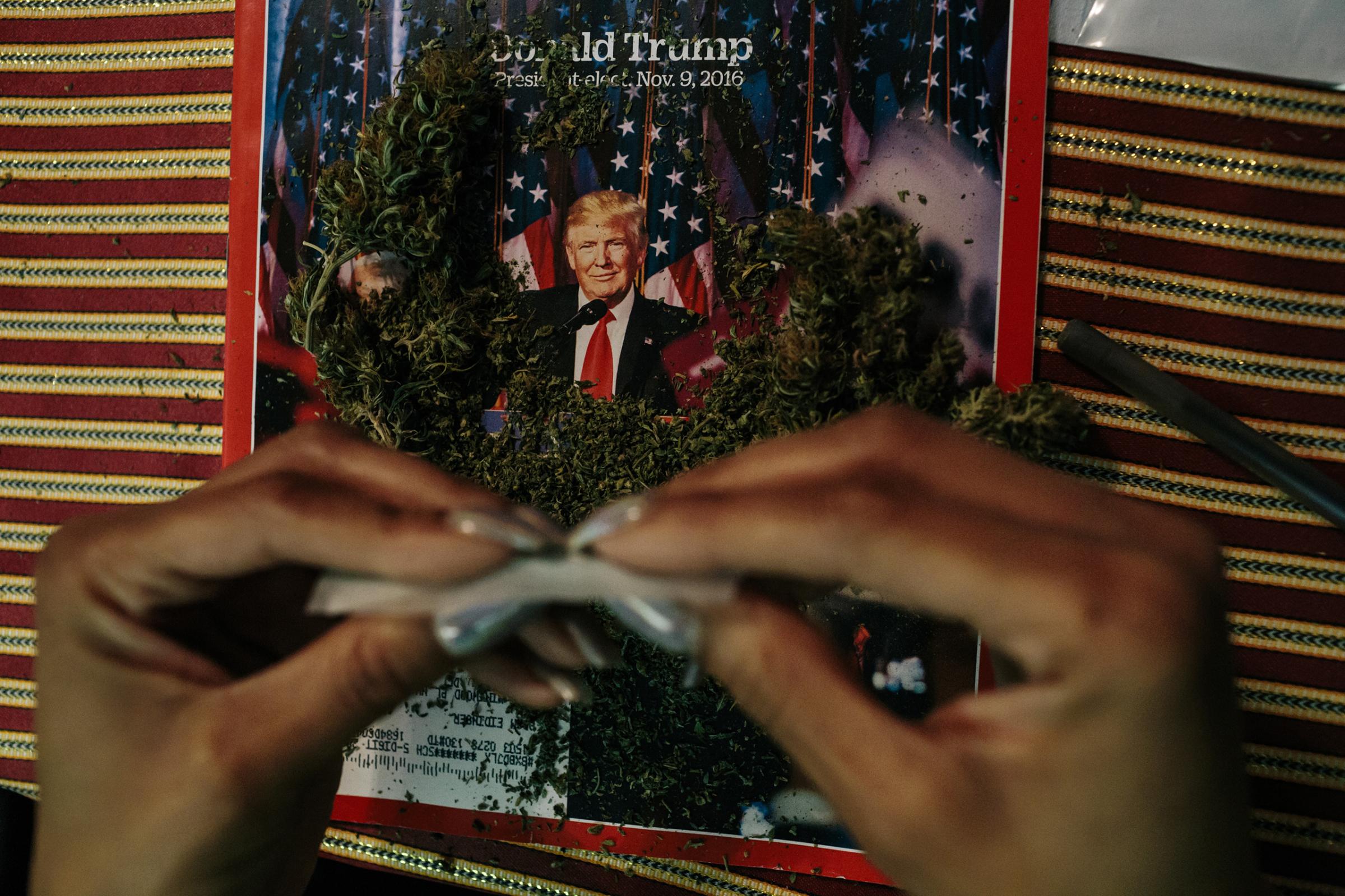An activist from the cannabis community DCMJ rolls a joint in a Washington, D.C., home on Jan. 16 in preparation for President-Elect Donald Trump’s inauguration. A cofounder of the group said TIME magazines were used after learning a photographer on assignment for TIME would observe their operations. Other newspapers and magazines, like High Times, have previously been used when the group has been photographed by other media.