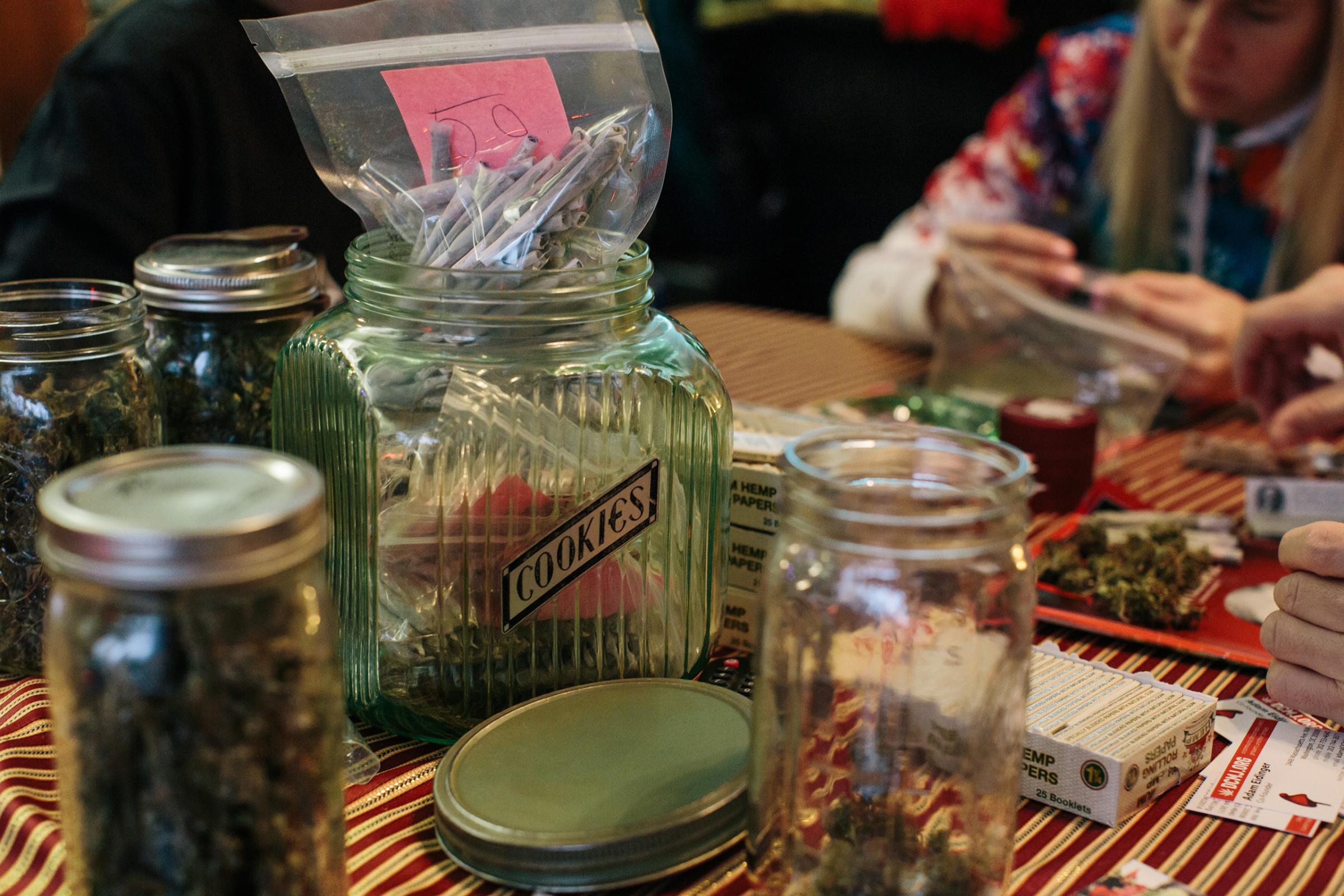 A jar of joints is filled on a table as activists from the cannabis community DCMJ roll more in a Washington, D.C., home on Jan. 16 in preparation for President-Elect Donald Trump’s inauguration.