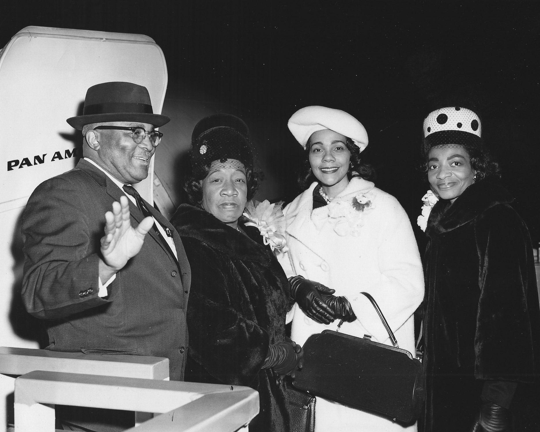 Martin Luther King Sr.; Alberta Williams King; Coretta Scott King; and Christine King board a plane in 1964, en route to King Jr.’s Nobel Peace Prize presentation ceremony.
