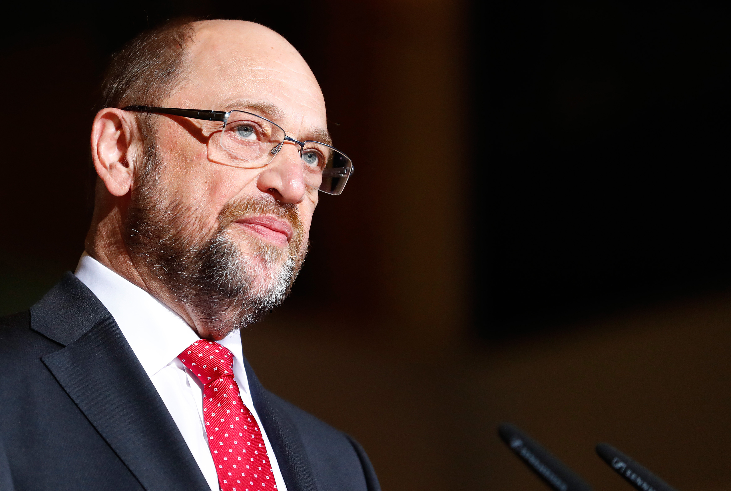 Former president of the European Parliament Schulz looks on during a news conference in Berlin