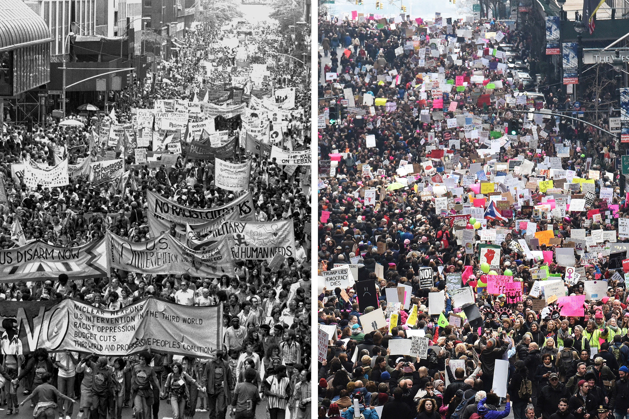<i>Left</i>: Anti-nuke demonstration on 42nd St. in New York City on June 12, 1982; <i>Right</i>: Women's March on 42nd St. in New York City on Jan. 21, 2017. (Mike Lipack—New York Daily News Archive/Getty Images; Stephanie Keith—Reuters)