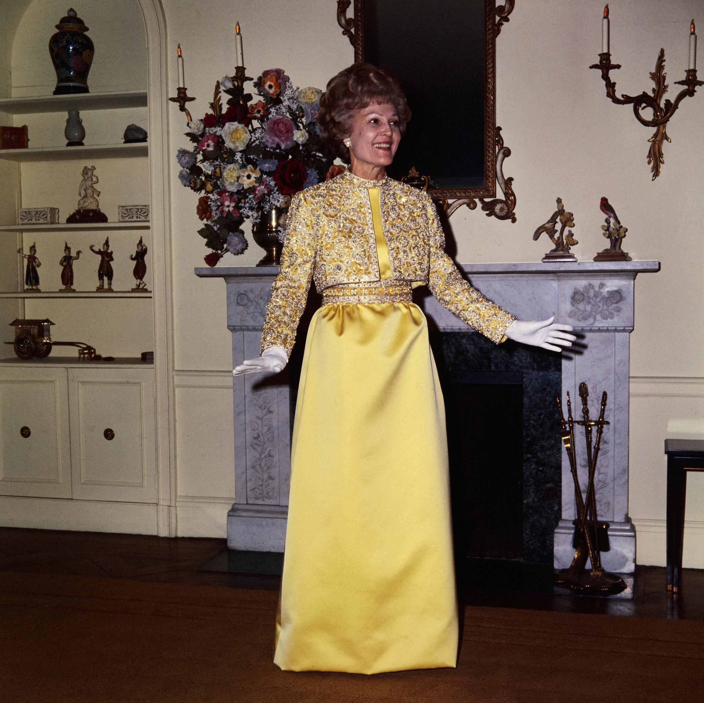 Pat Nixon, Karen Stark for Harvey Berin, 1969 This gold and silver embroidered gown was encrusted with Austrian crystals.