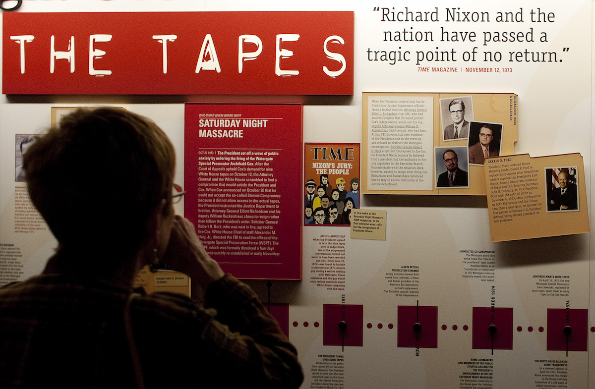 A timeline display from 1973 reveals the Saturday Night Massacre and Time magazine asking for forme