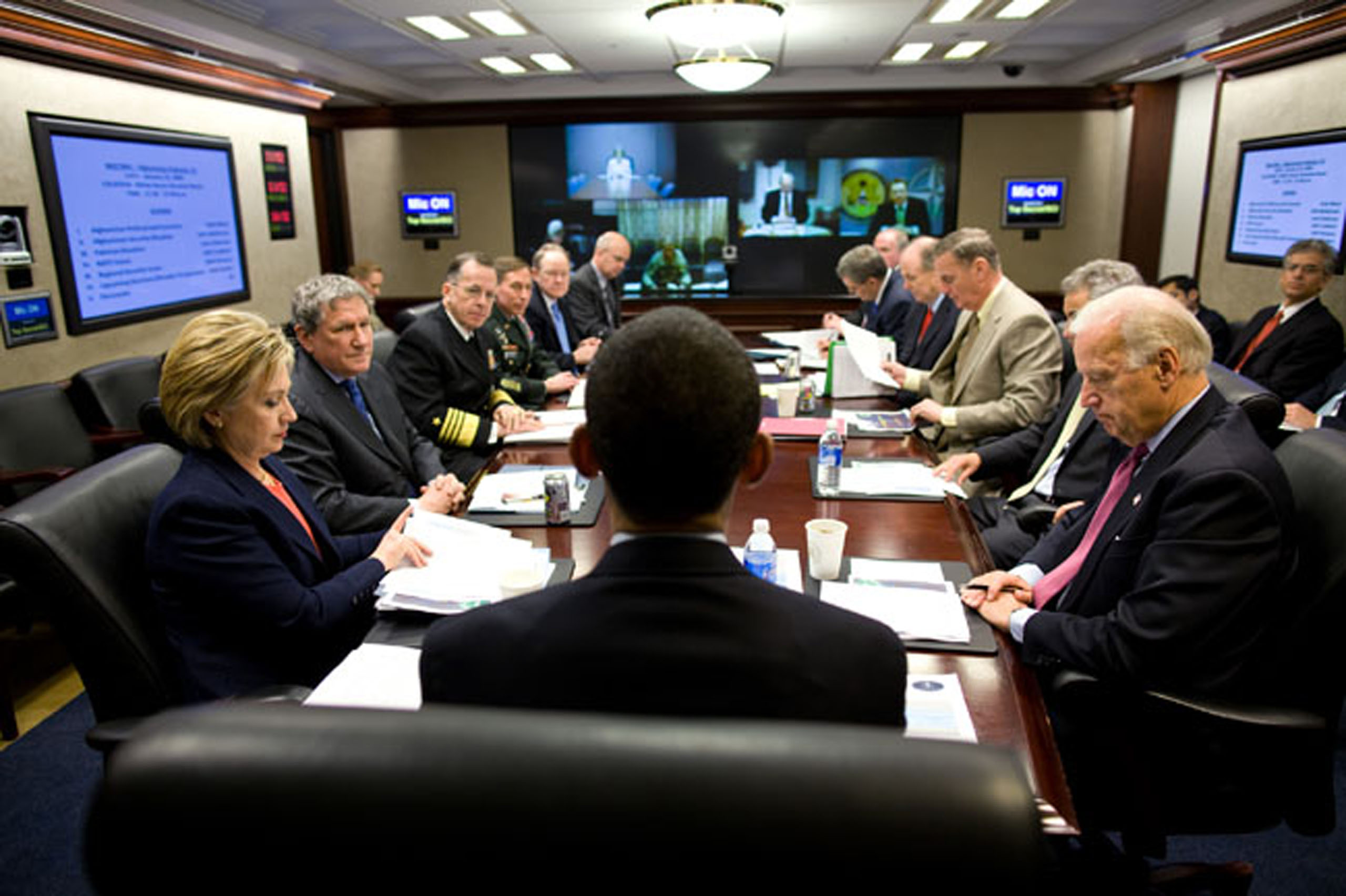 The President meets with his national security and intelligence team in the Situation Room of the White House for the first time, on Jan. 23, 2009.